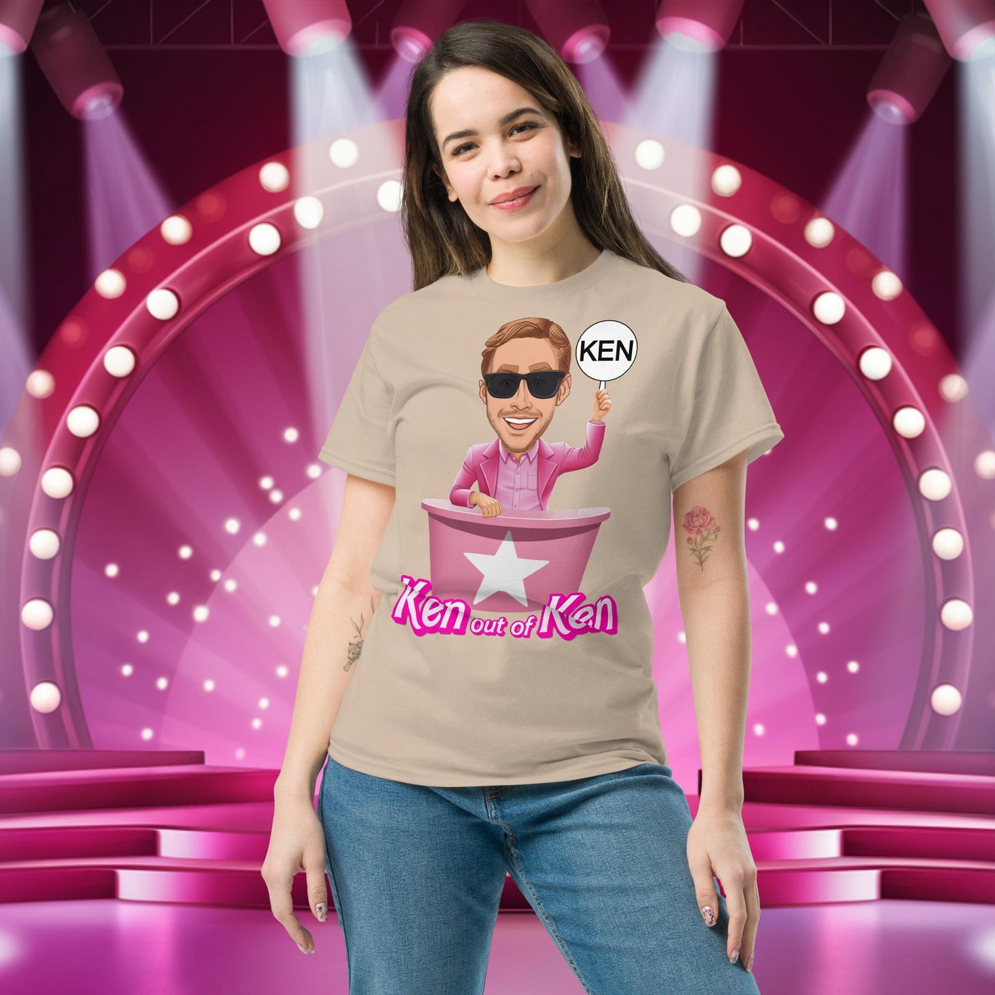 Ken out of Ken Ryan Gosling Barbie Movie tee Sand T-shirts Barbie Celebrities Ken Movies Ryan Gosling Next Cult Brand