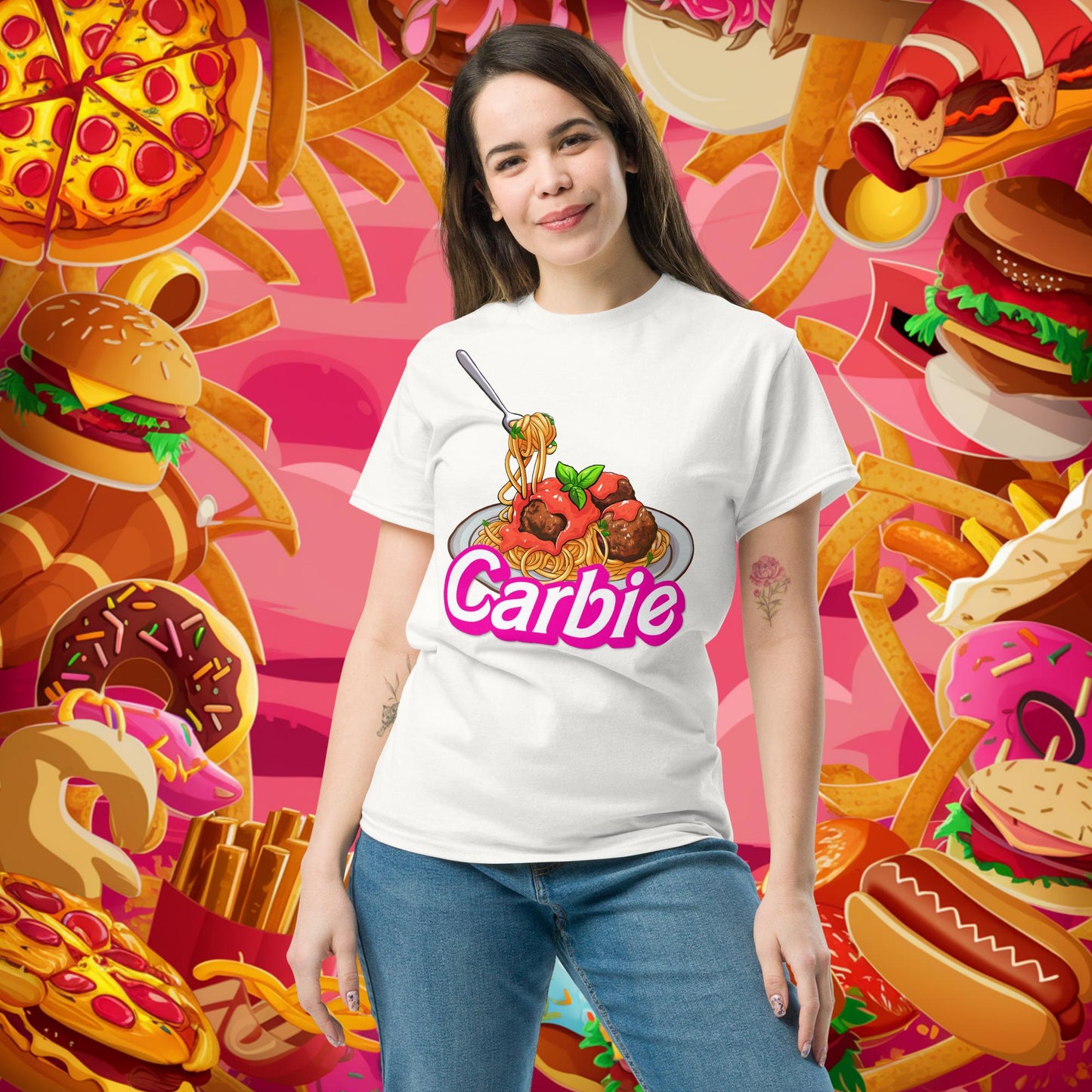 Carbie Barbie I Love Pasta I Love Carbs tee White T-shirts Barbie Carbie Fast Food Fitness Gym Ken Movies Pump Cover Workout Next Cult Brand