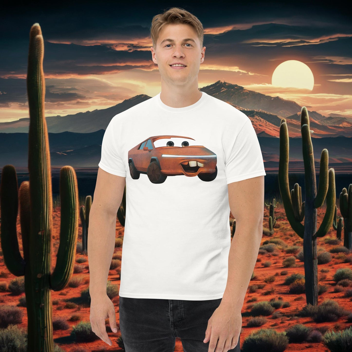 Rusty Tesla Cybertruck Elon Musk Cars Movie Tow Mater tee White T-shirts Cars Movie Celebrities Cybertruck Elon Musk Movies Tesla Next Cult Brand