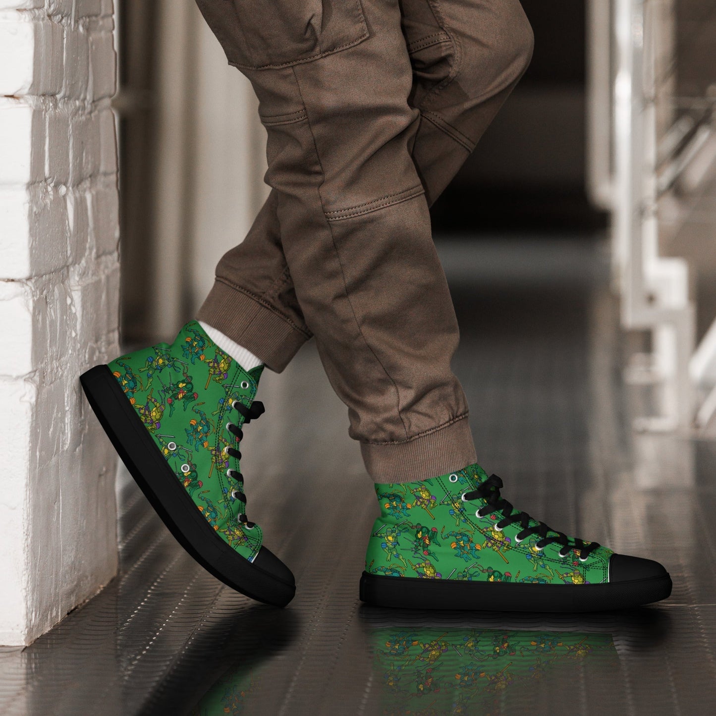 Kylian Mbappe Ninja Turtles funny football/ soccer meme Men’s high top canvas shoes green Black Shoes Football Kylian Mbappe Ninja Turtles PSG Real Madrid Next Cult Brand