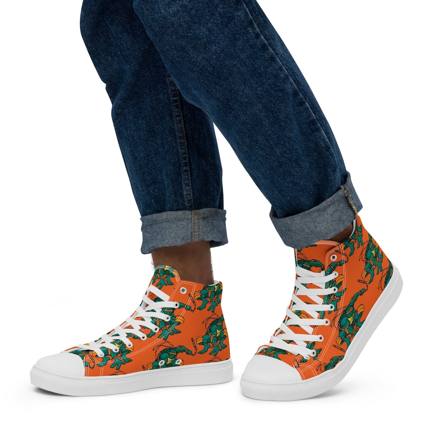 Kylian Mbappe Orange Ninja Turtle Michelangelo Men’s high top canvas shoes White Shoes Football Kylian Mbappe Ninja Turtles PSG Real Madrid Next Cult Brand
