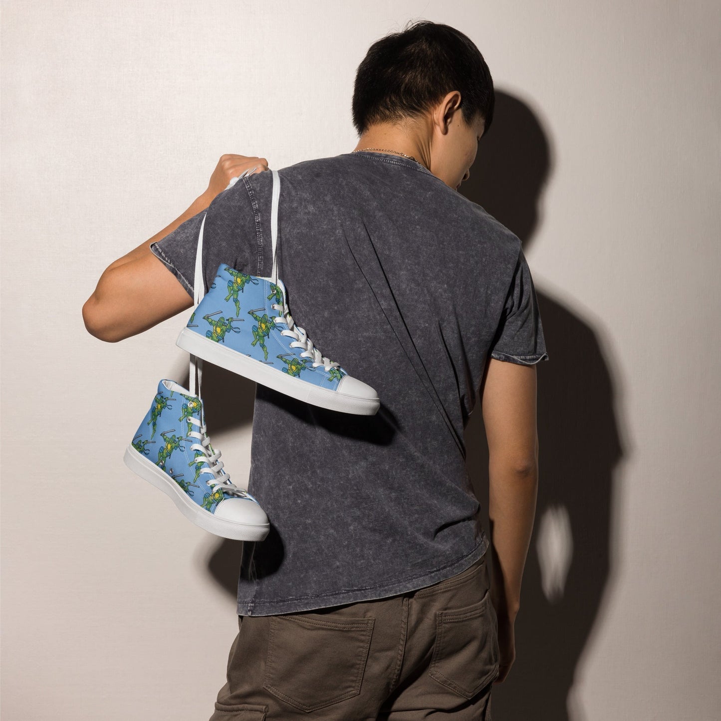 Kylian Mbappe Blue Ninja Turtle Leonardo Men’s high top canvas shoes White Shoes Football Kylian Mbappe Ninja Turtles PSG Real Madrid Next Cult Brand