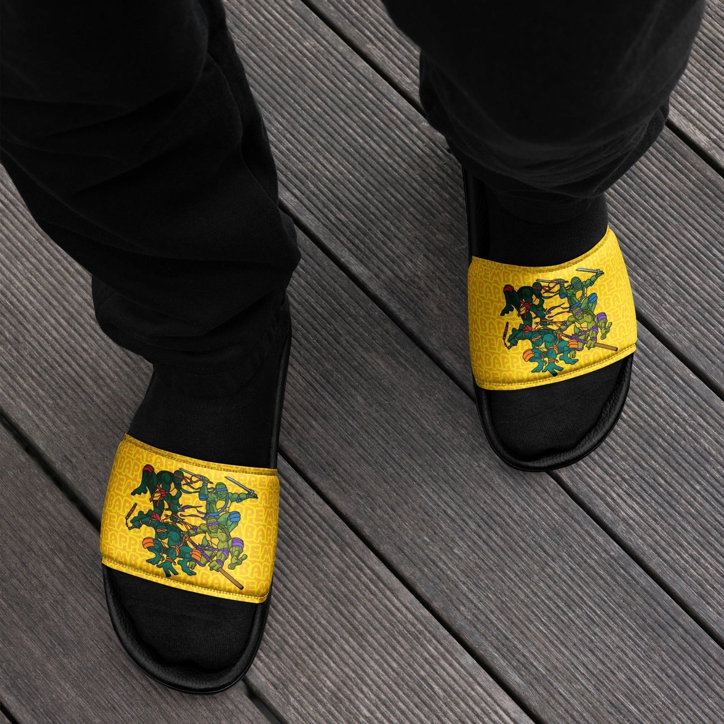 Kylian Mbappe Ninja Turtles funny football/ soccer meme Men’s slides yellow Black Slides Football Kylian Mbappe Ninja Turtles PSG Real Madrid Next Cult Brand