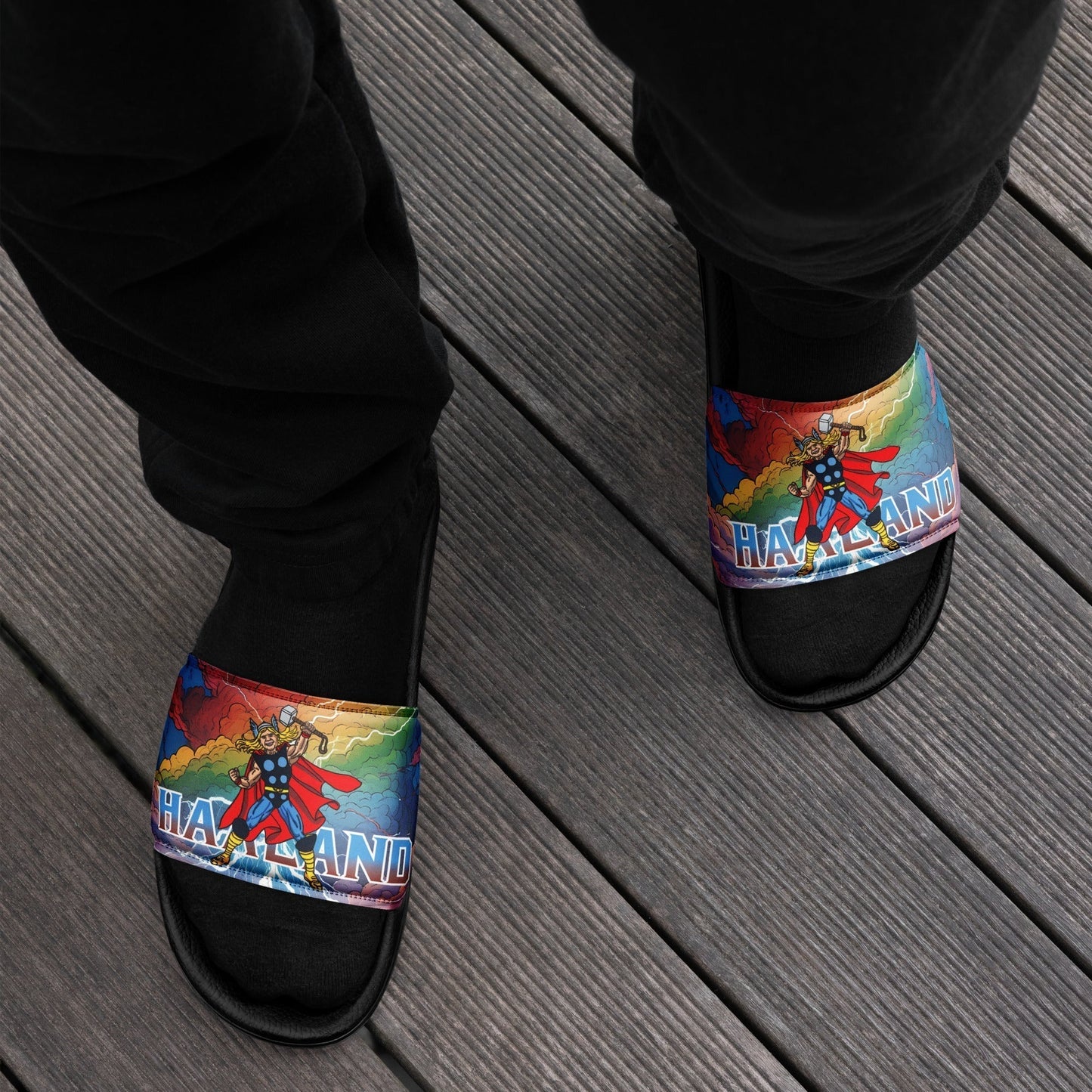 Erling Haaland Thor Avenger Manchester City Funny Football/ Soccer Meme Men’s slides Black Slides Erling Haaland Football Manchester City Thor Next Cult Brand
