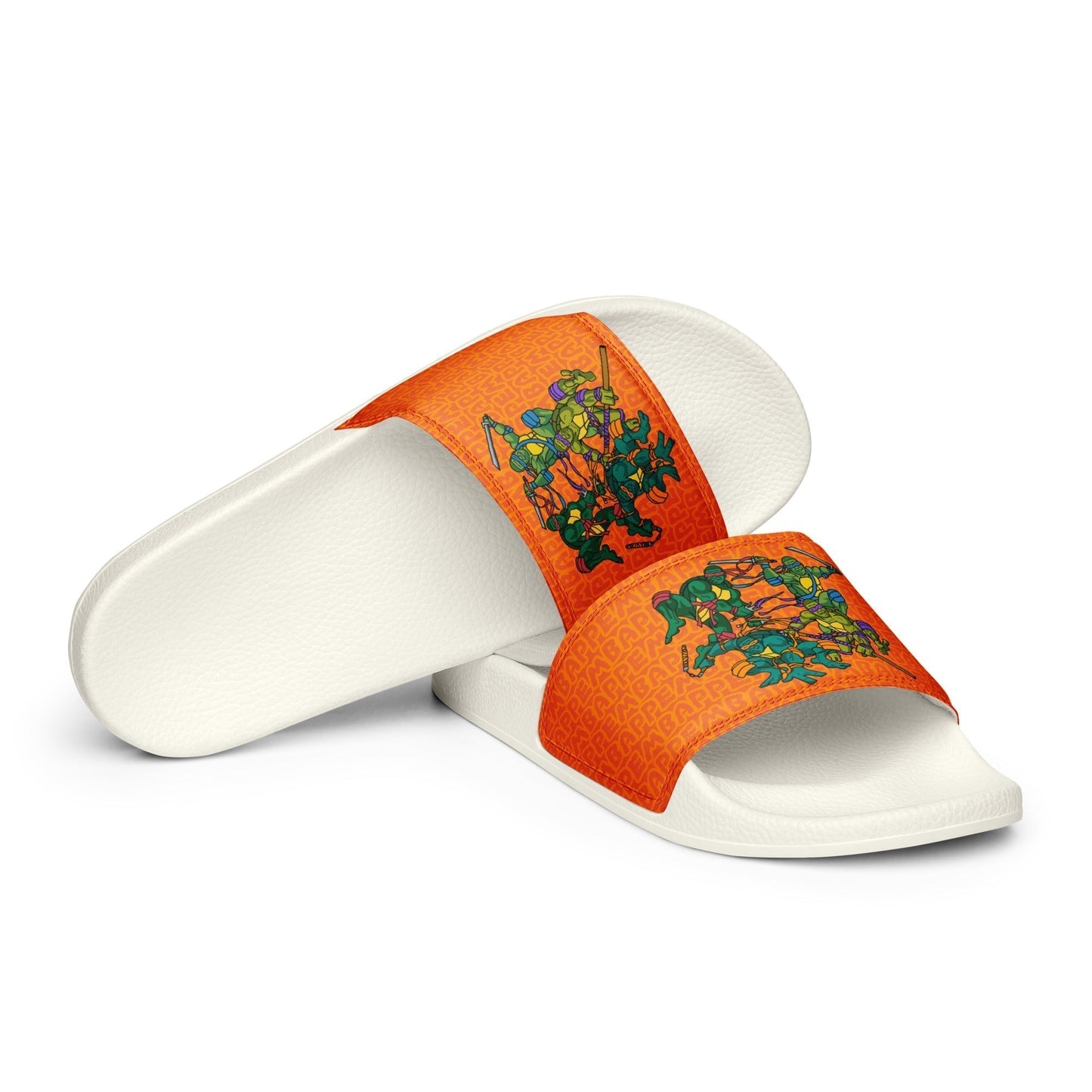 Kylian Mbappe Ninja Turtles funny football/ soccer meme Men’s slides orange White Slides Football Kylian Mbappe Ninja Turtles PSG Real Madrid Next Cult Brand