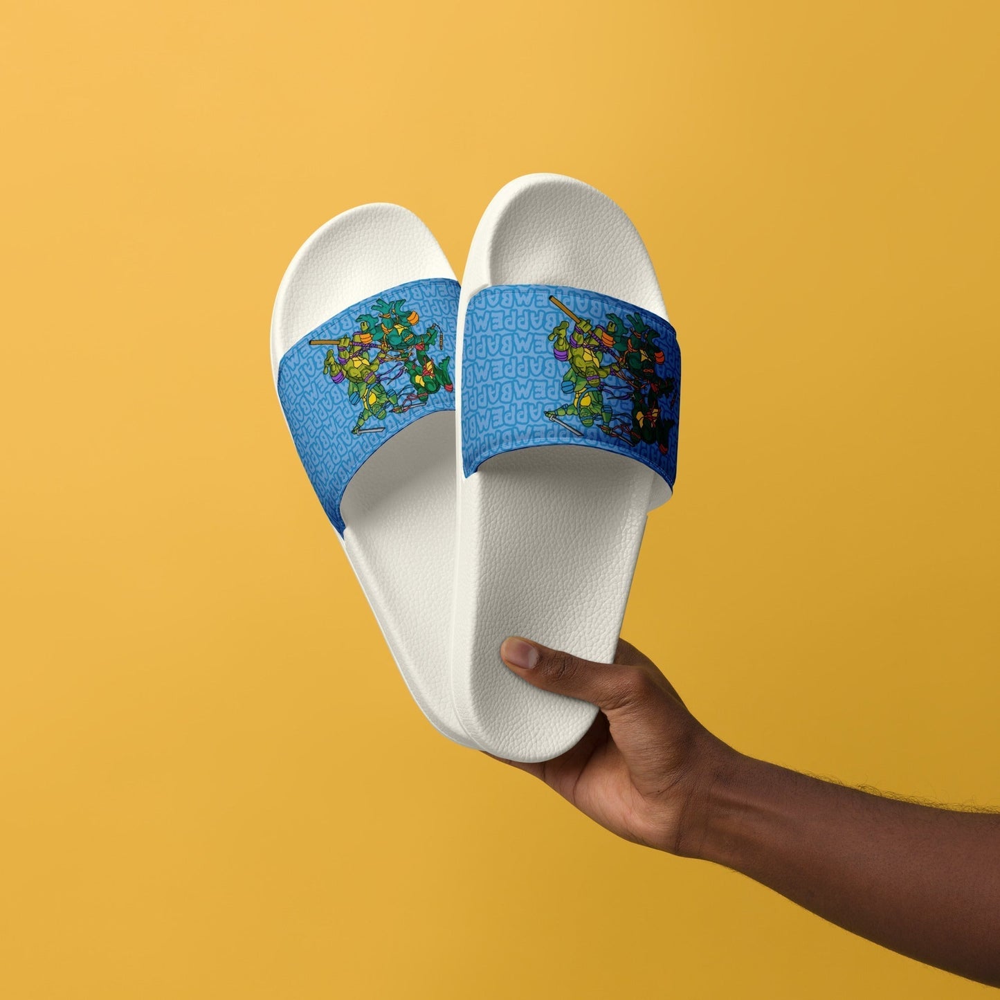 Kylian Mbappe Ninja Turtles funny football/ soccer meme Men’s slides blue White Slides Football Kylian Mbappe Ninja Turtles PSG Real Madrid Next Cult Brand