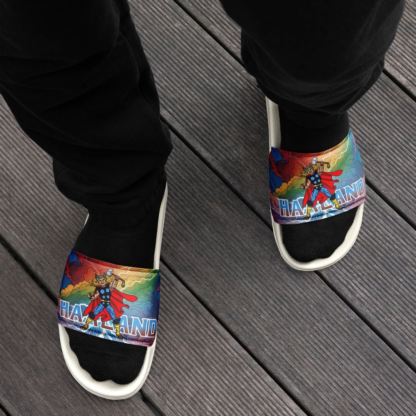 Erling Haaland Thor Avenger Manchester City Funny Football/ Soccer Meme Men’s slides White Slides Erling Haaland Football Manchester City Thor Next Cult Brand
