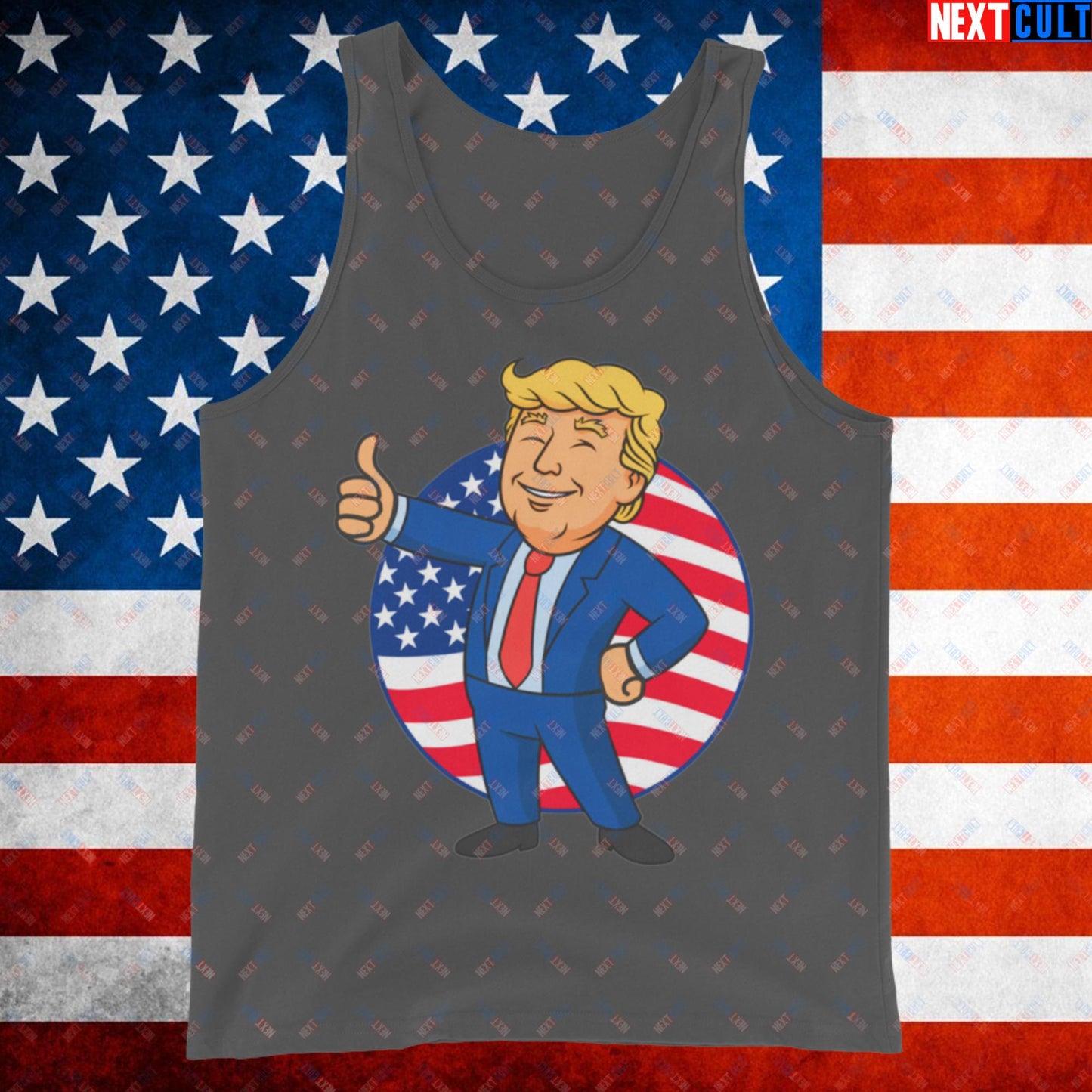 President Boy Donald Trump Politics Vault Boy Fallout Funny Meme Cartoon Mashup Tank Top Asphalt Tank Tops Donald Trump Fallout Politics Republicans Vault Boy Next Cult Brand