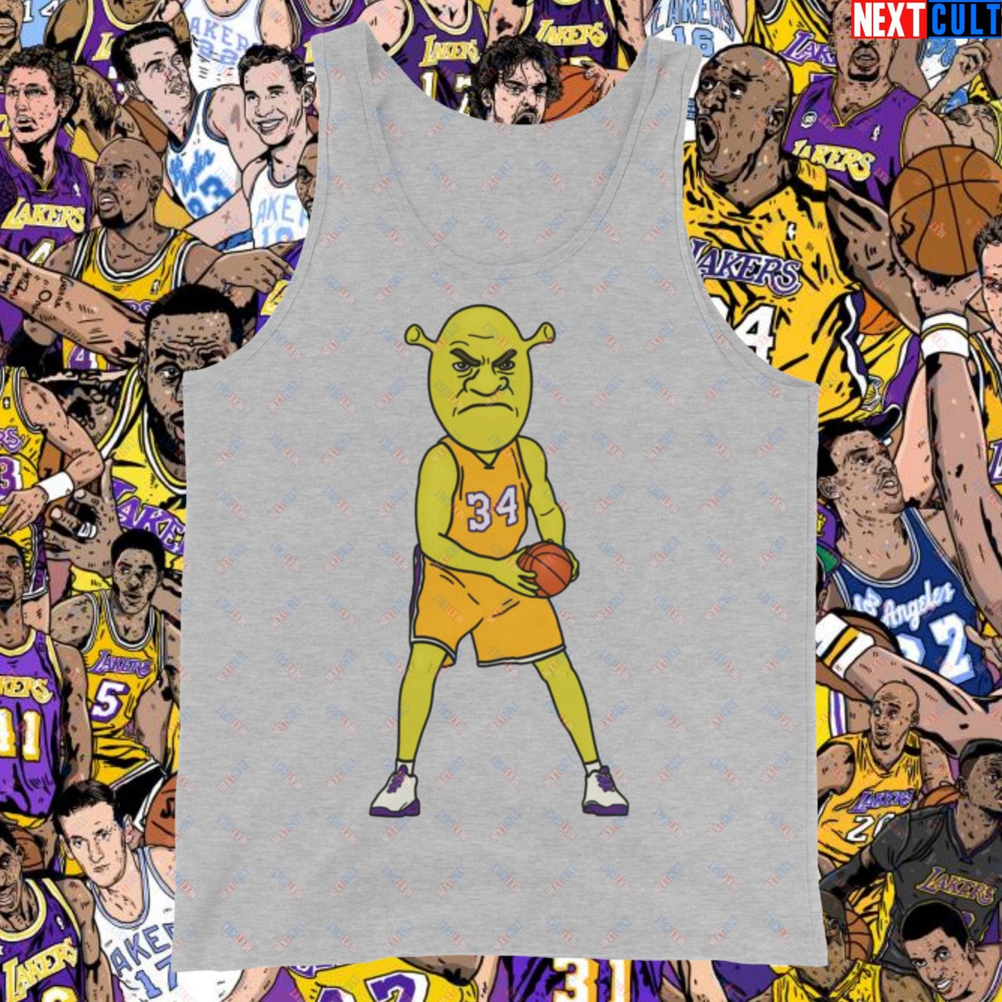 Shrequille O'Neal Tank Top - Shaquille O'Neal as Shrek Funny Basketball Meme Muscle Shirt - Perfect Gift for Basketball Fans and Shrek Lovers Tank Top Athletic Heather Tank Tops Basketball Los Angeles Lakers NBA Shaq Shrek Next Cult Brand