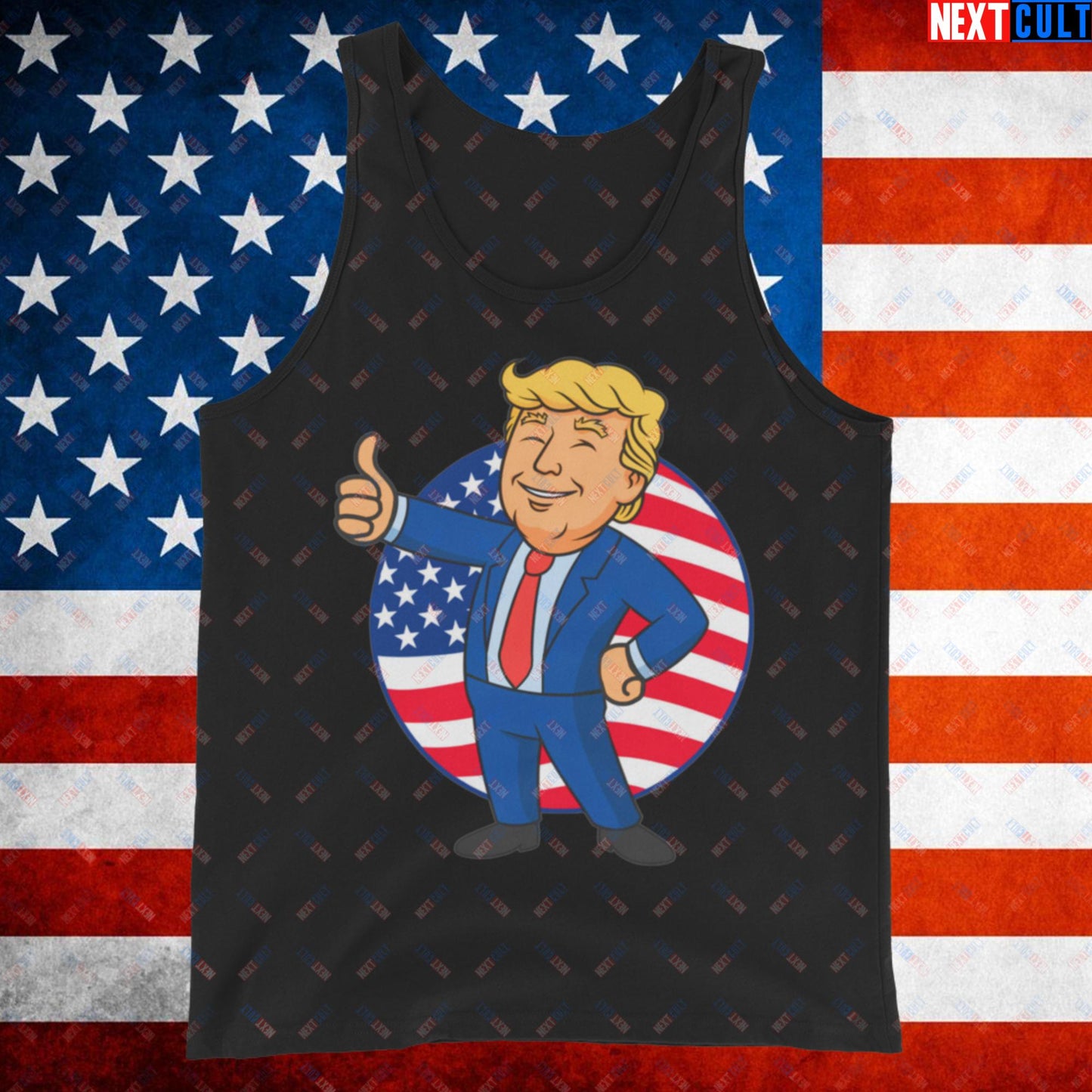 President Boy Donald Trump Politics Vault Boy Fallout Funny Meme Cartoon Mashup Tank Top Black Tank Tops Donald Trump Fallout Politics Republicans Vault Boy Next Cult Brand
