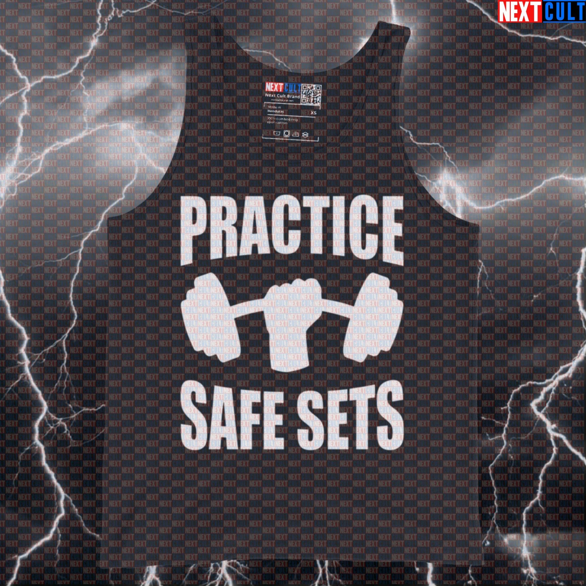 Funny Gym Safety Tank Top | Practice Safe Sets Workout Vest Muscle Shirt for Weightlifting Tank Tops Bodybuilding Fitness Gym Workout Next Cult Brand