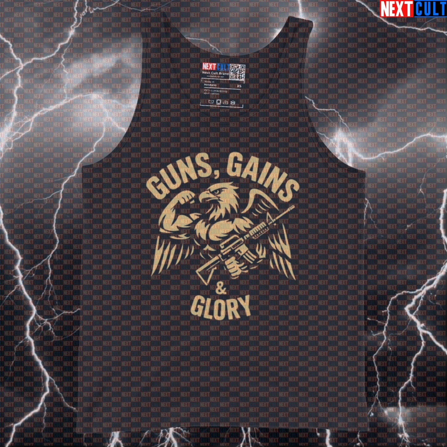 Guns Gains Glory Funny Gym Tank Top | Patriotic Eagle Muscle Shirt For Lifters | Workout Fitness Meme Vest Tank Tops 4th of July Bodybuilding Fitness Gym Powerlifting Workout Next Cult Brand