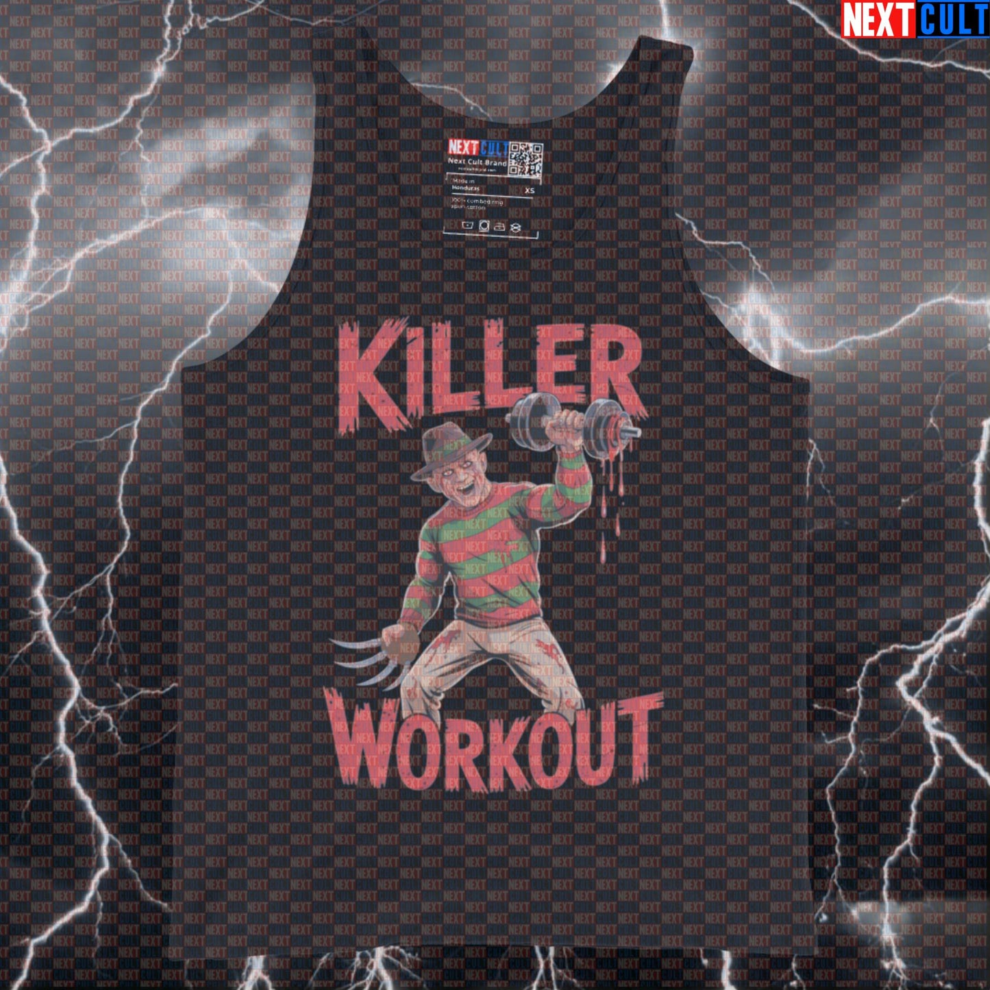 Killer Workout Horror Gym Tank Top | Scary Fitness Meme Muscle Shirt | Freddy Krueger Inspired Athletic Shirt Bodybuilding Films Fitness Gym Halloween Workout Next Cult Brand