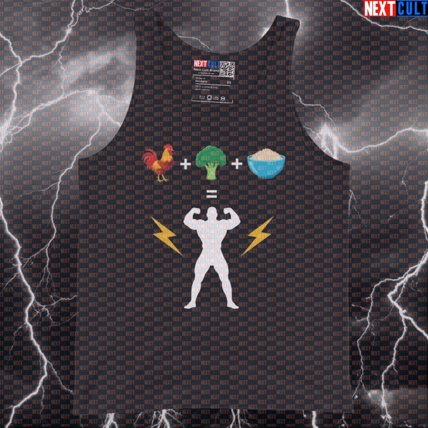 Powered By Chicken Broccoli Rice Tank Top | Funny Gym Bro Muscle Shirt | Fitness Meme Athletic Shirt Tank Tops Bodybuilding Fast Food Fitness Gym Workout Next Cult Brand