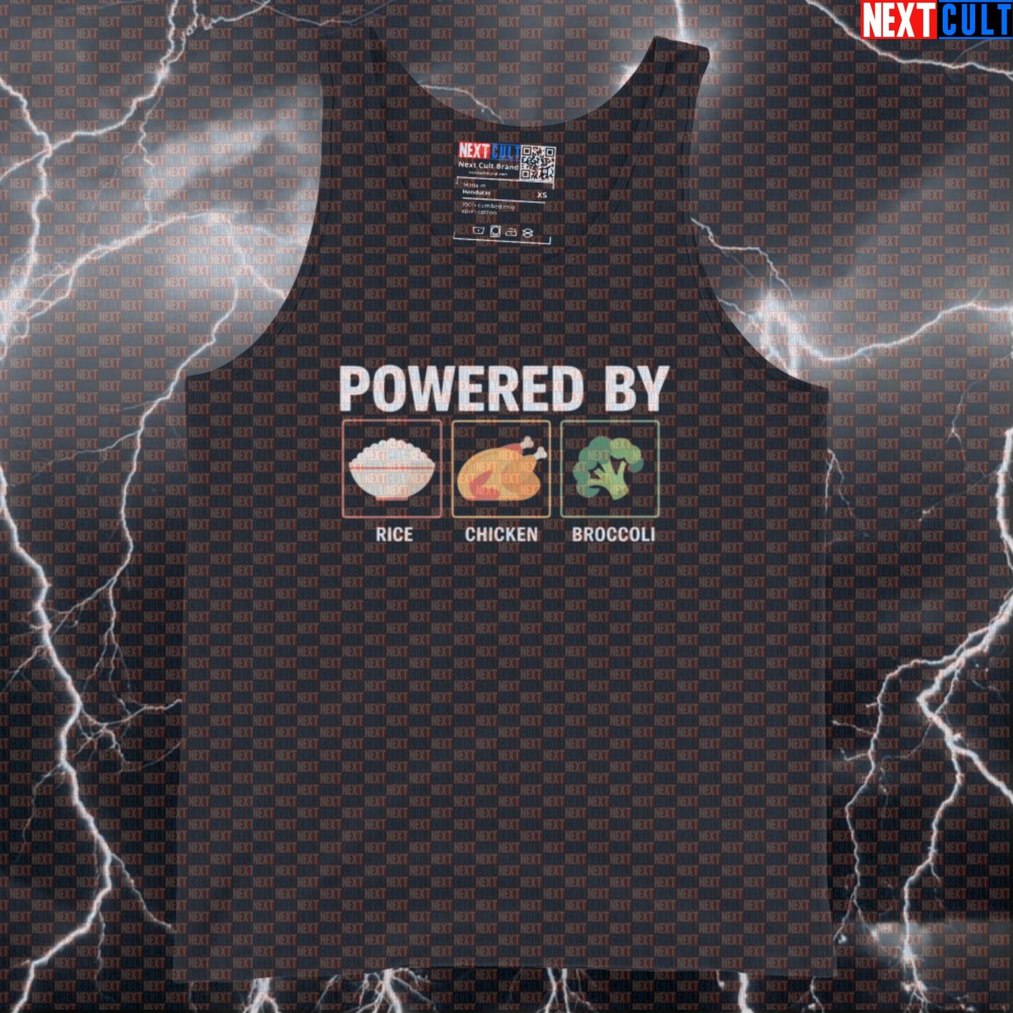 Powered By Rice Chicken Broccoli Tank Top | Funny Gym Bro Diet Muscle Shirt | Bodybuilding Workout Vest Tank Tops Bodybuilding Fast Food Fitness Gym Workout Next Cult Brand