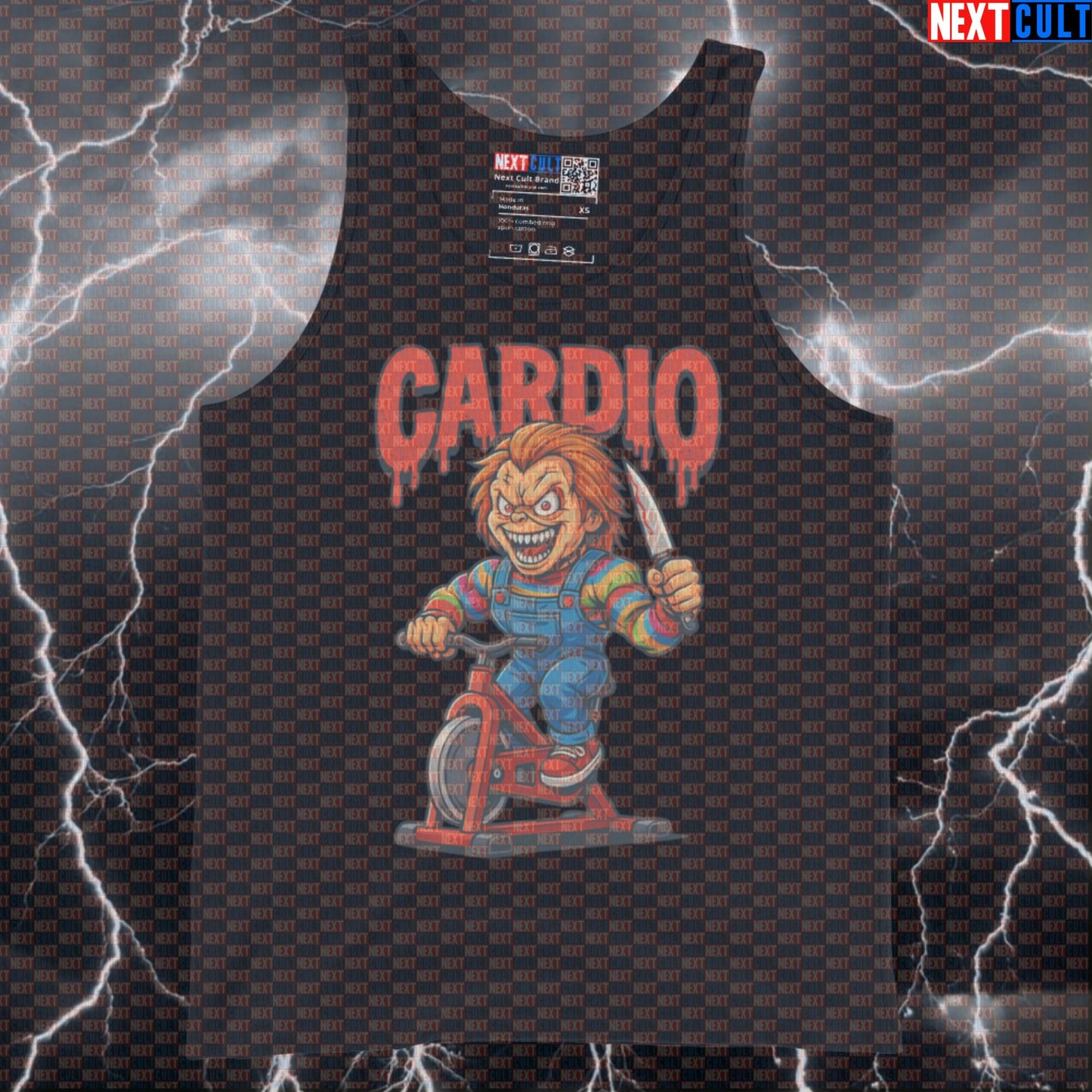 Cardio Is A Horror Show Gym Tank Top | Funny Chucky Spin Class Muscle Shirt Tank Tops Cardio Films Fitness Gym Halloween Workout Next Cult Brand