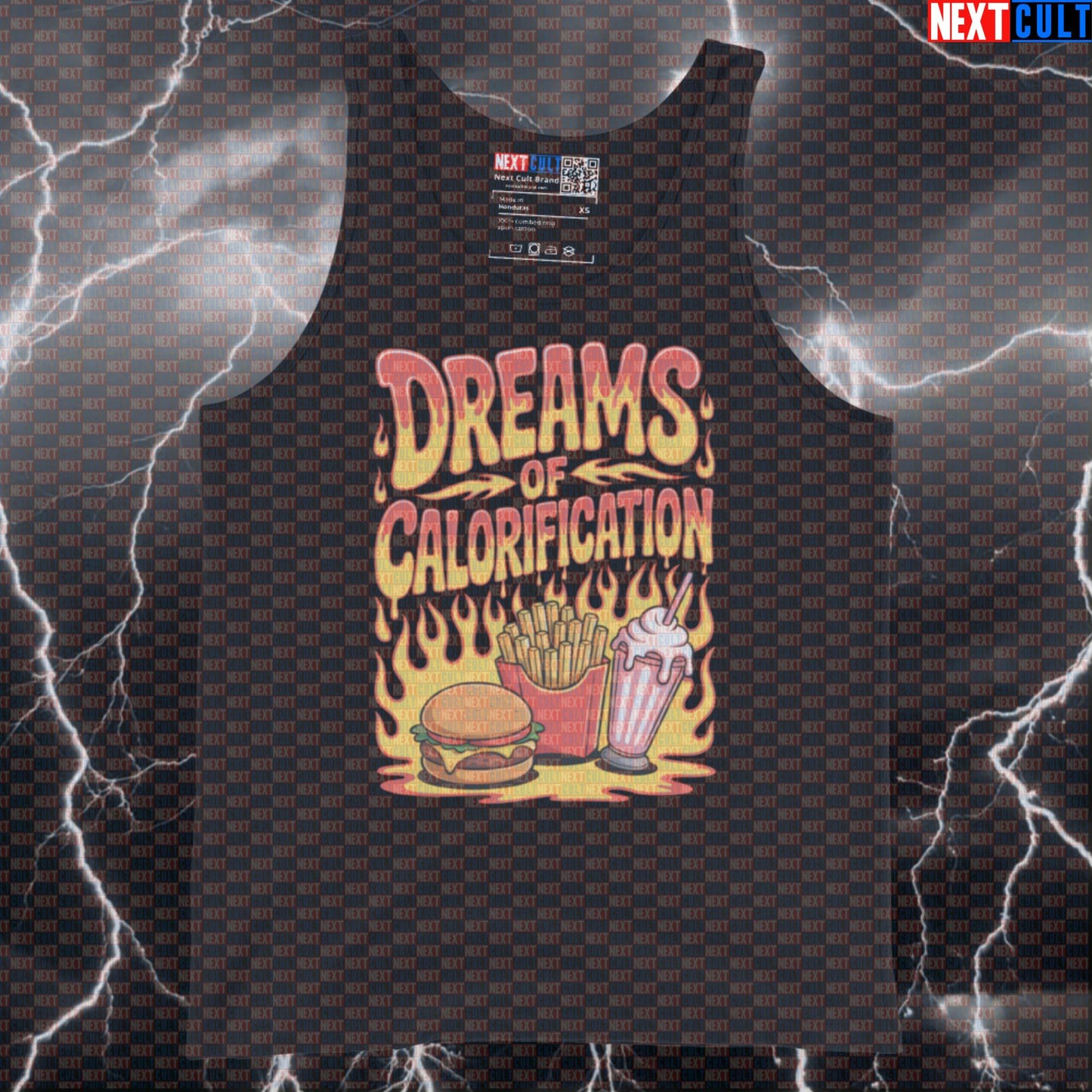 Dreams of Calorification Funny Gym Tank Top - Calorie Meme Vest Muscle Shirt for Bulking Tank Tops Bodybuilding Bulking Fast Food Fitness Gym Red Hot Chili Peppers Rock Music Workout Next Cult Brand