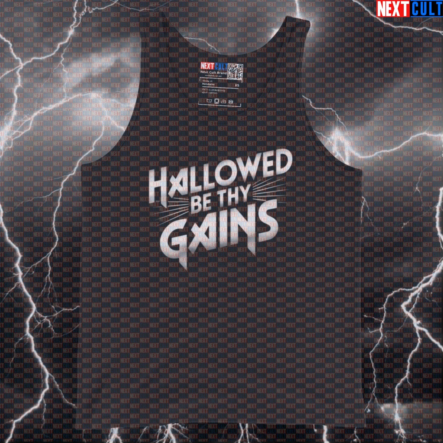 Hallowed Be Thy Gains Funny Gym Tank Top Athletic Vest Muscle Shirt Workout Top for Iron Maiden Lifters and Gym Bros Tank Tops Bodybuilding Fitness Gym Iron Maiden Powerlifting Rock Music Workout Next Cult Brand