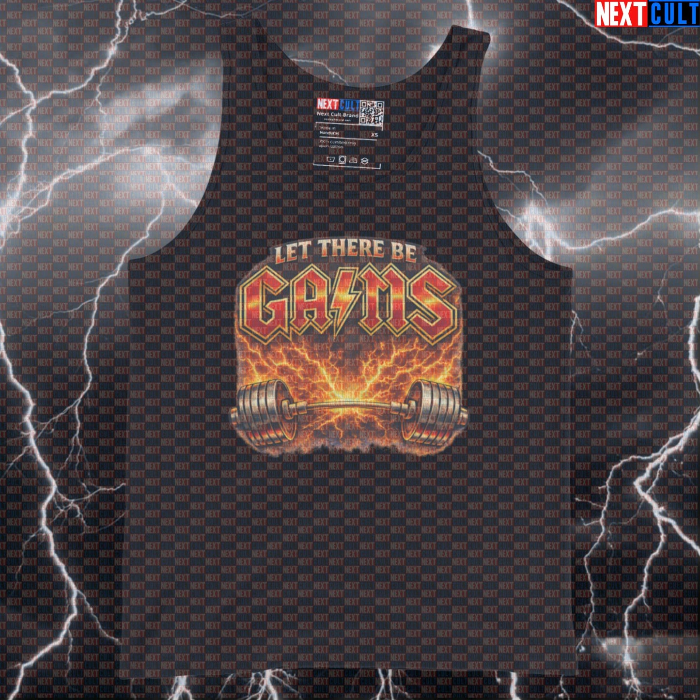 Let There Be Gains Funny Gym Tank Top Let There Be Rock Parody AC/DC Heavy Metal Workout Muscle Shirt Tank Tops AC/DC Bodybuilding Fitness Gym Powerlifting Rock Music Workout Next Cult Brand