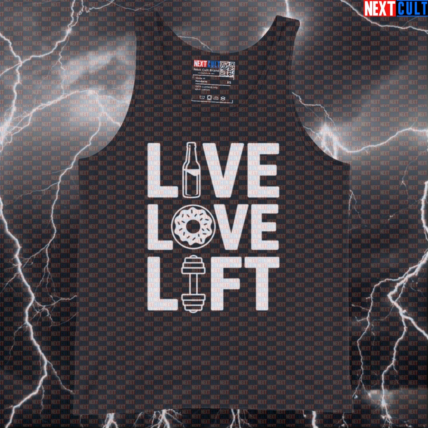 Live Love Lift Funny Gym Tank Top Muscle Shirt Athletic Vest for Lifters Workout Gym Lifestyle Fans Beer Bodybuilding Donuts Fast Food Fitness Gym Workout Next Cult Brand
