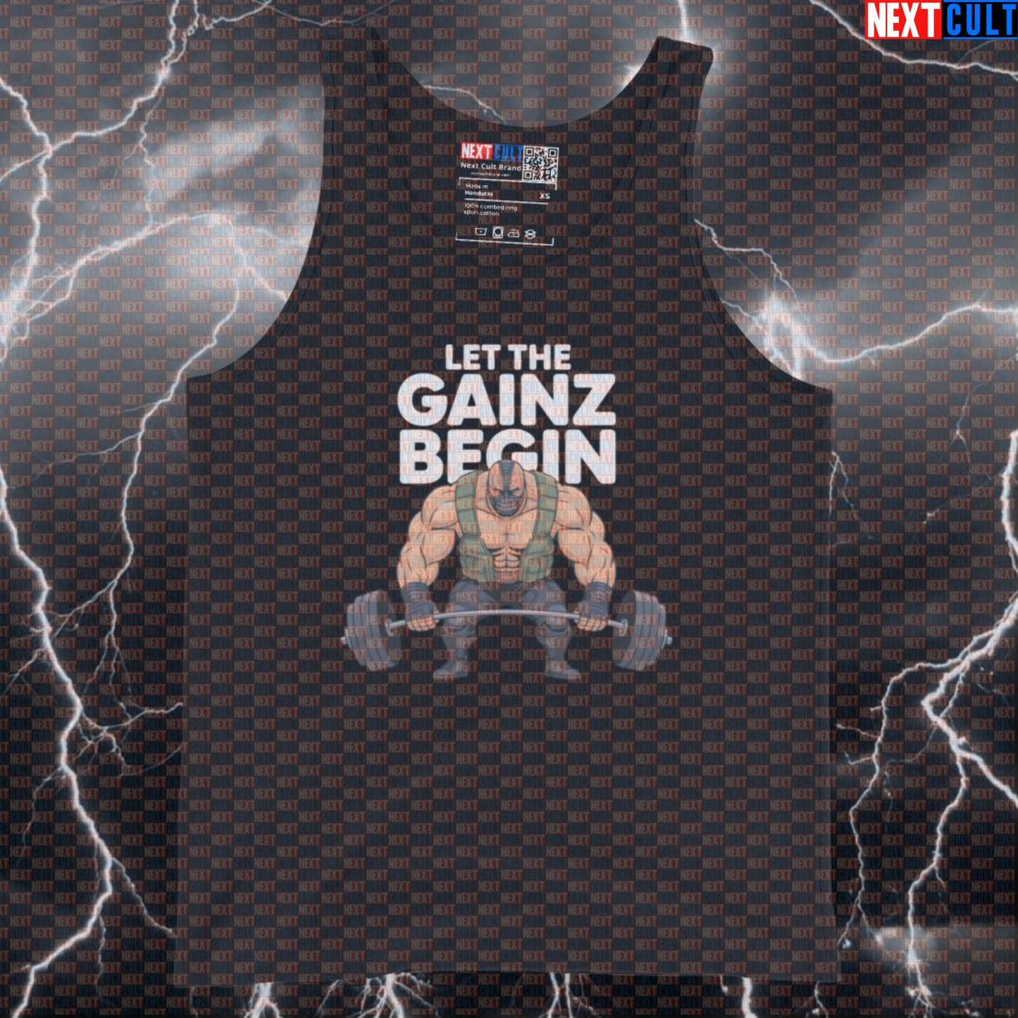 Let the Gainz Begin Funny Gym Tank Top Bane Inspired Muscle Shirt Athletic Vest for Lifters and Gym Bros Bane Bodybuilding Films Fitness Gym Leg Day Powerlifting Superheroes Workout Next Cult Brand