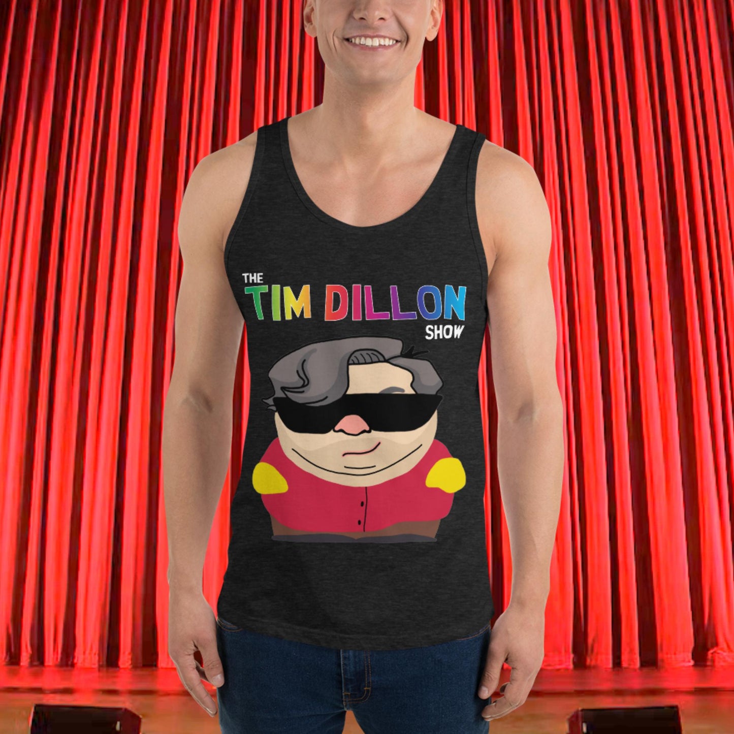 Tim Dillon Cartman, Southpark, The Tim Dillon Show, Tim Dillon Podcast, Tim Dillon Merch, Tim Dillon Men's Tank Top Charcoal-Black Triblend Tank Tops Podcasts Stand-up Comedy Tim Dillon Next Cult Brand
