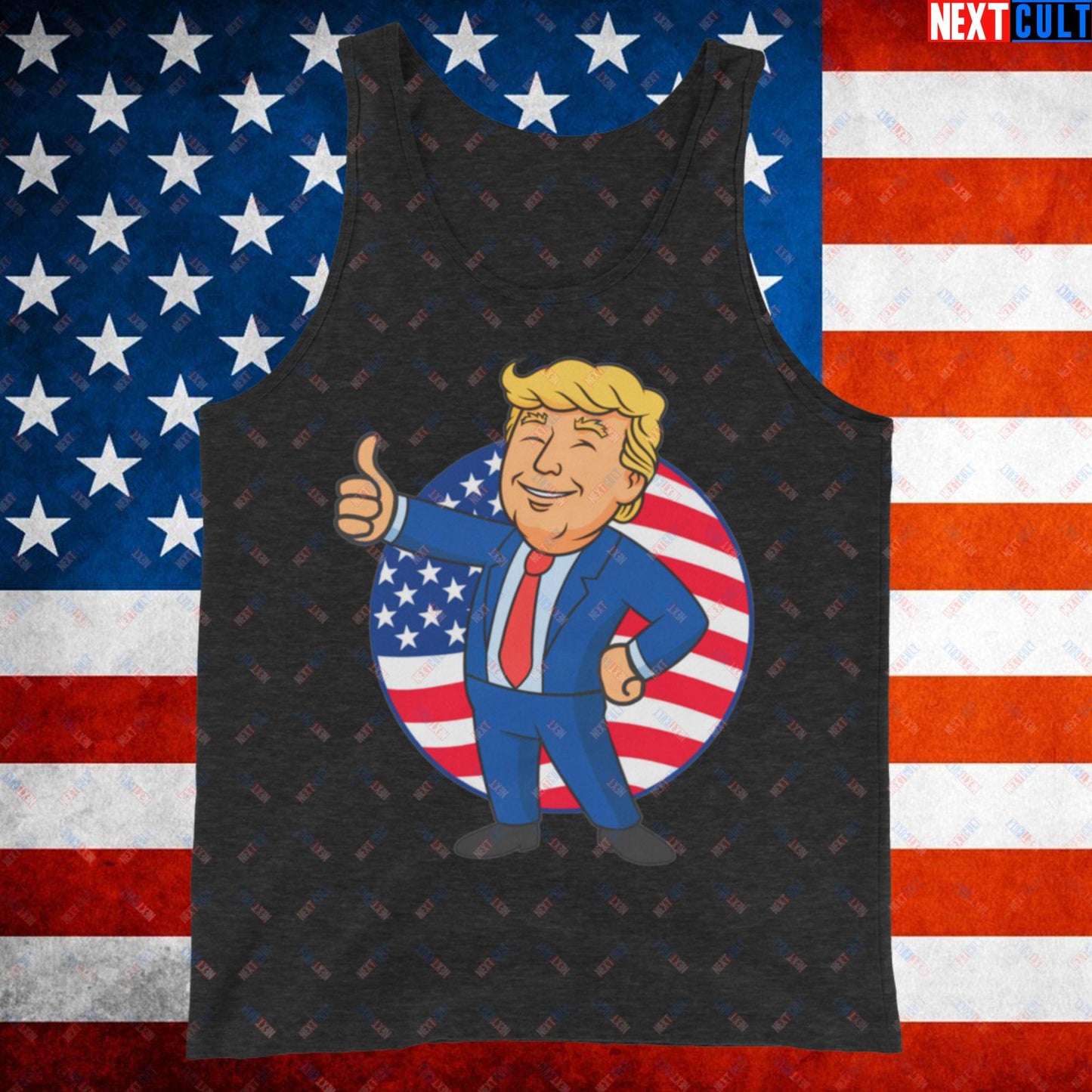 President Boy Donald Trump Politics Vault Boy Fallout Funny Meme Cartoon Mashup Tank Top Charcoal-Black Triblend Tank Tops Donald Trump Fallout Politics Republicans Vault Boy Next Cult Brand