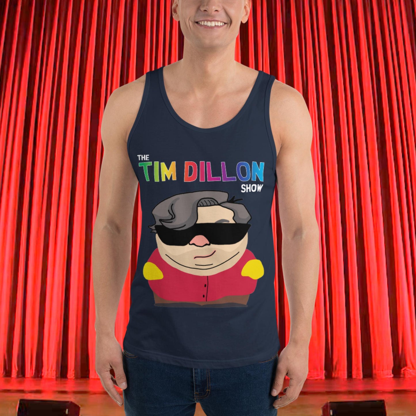 Tim Dillon Cartman, Southpark, The Tim Dillon Show, Tim Dillon Podcast, Tim Dillon Merch, Tim Dillon Men's Tank Top Navy Tank Tops Podcasts Stand-up Comedy Tim Dillon Next Cult Brand