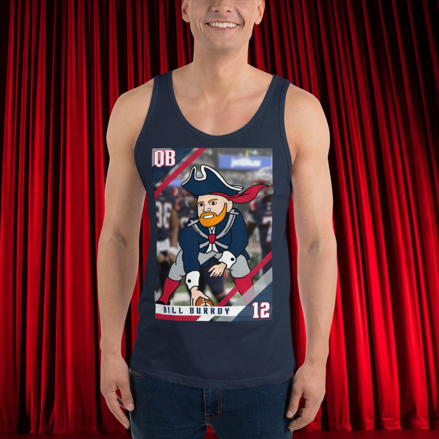 Bill Burrdy New England Patriots NFL Tom Brady Bill Burr Tank Top Navy American Football Bill Burr Monday Morning Podcast New England Patriots NFL Podcasts Stand-up Comedy Next Cult Brand