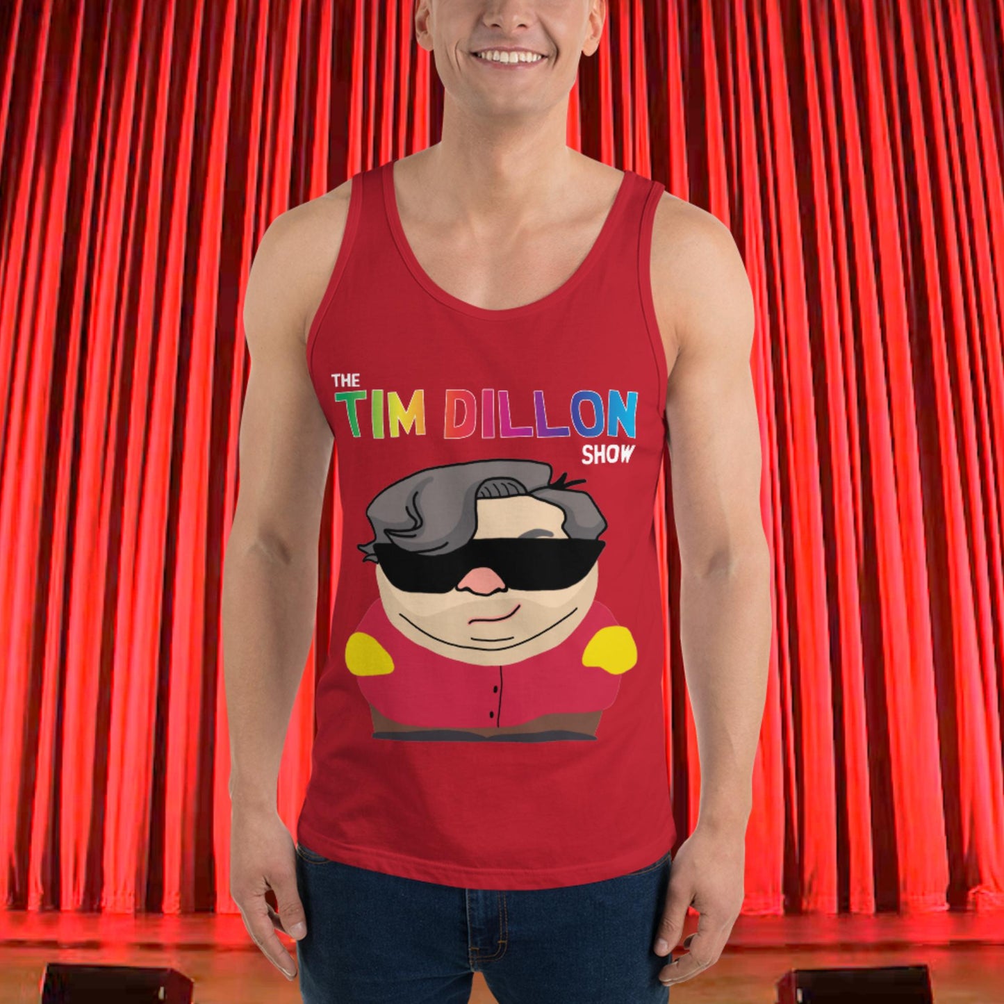 Tim Dillon Cartman, Southpark, The Tim Dillon Show, Tim Dillon Podcast, Tim Dillon Merch, Tim Dillon Men's Tank Top Red Tank Tops Podcasts Stand-up Comedy Tim Dillon Next Cult Brand