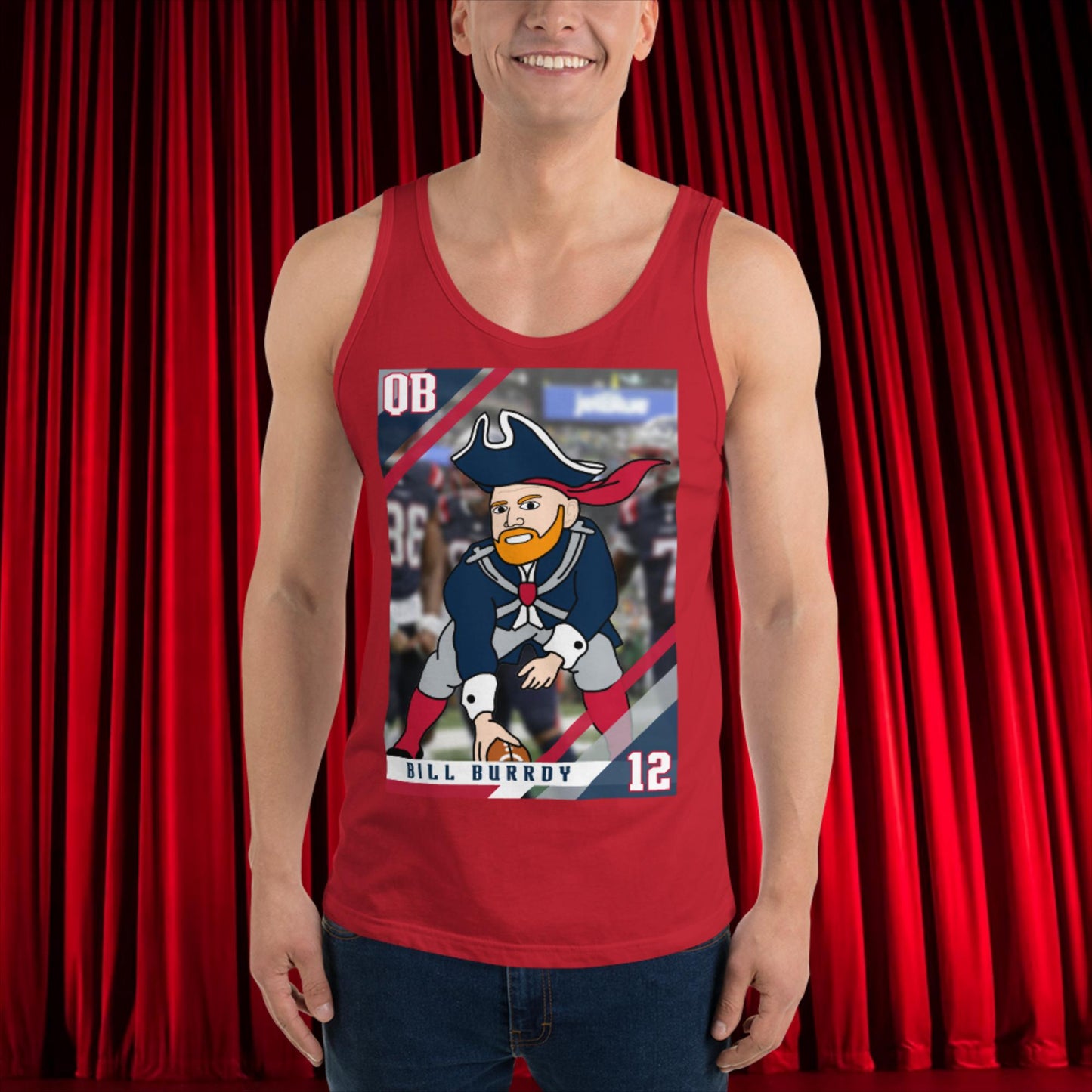 Bill Burrdy New England Patriots NFL Tom Brady Bill Burr Tank Top Red American Football Bill Burr Monday Morning Podcast New England Patriots NFL Podcasts Stand-up Comedy Next Cult Brand