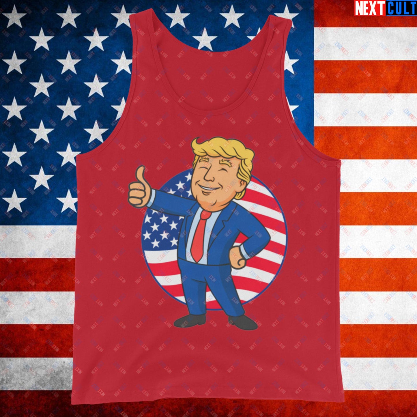 President Boy Donald Trump Politics Vault Boy Fallout Funny Meme Cartoon Mashup Tank Top Red Tank Tops Donald Trump Fallout Politics Republicans Vault Boy Next Cult Brand
