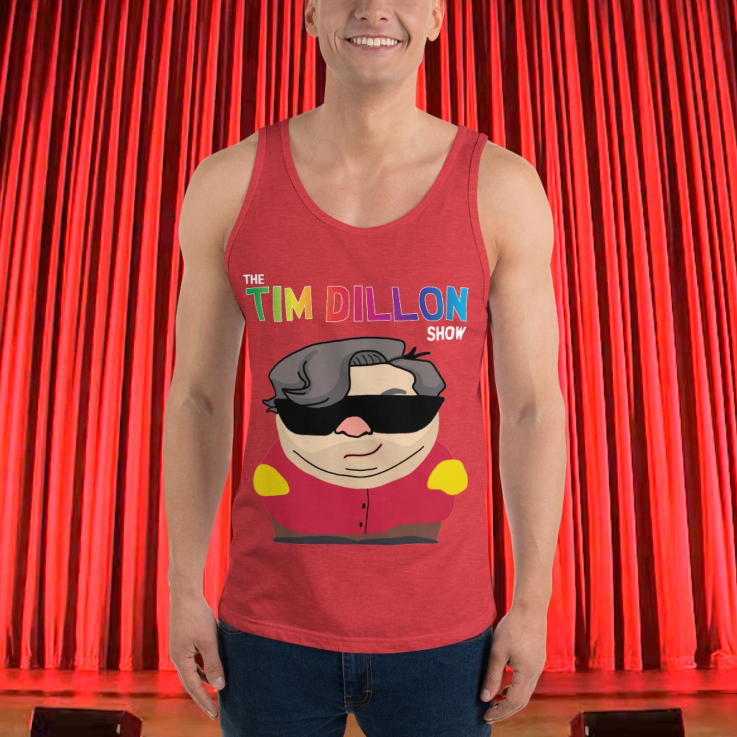 Tim Dillon Cartman, Southpark, The Tim Dillon Show, Tim Dillon Podcast, Tim Dillon Merch, Tim Dillon Men's Tank Top Red Triblend Tank Tops Podcasts Stand-up Comedy Tim Dillon Next Cult Brand