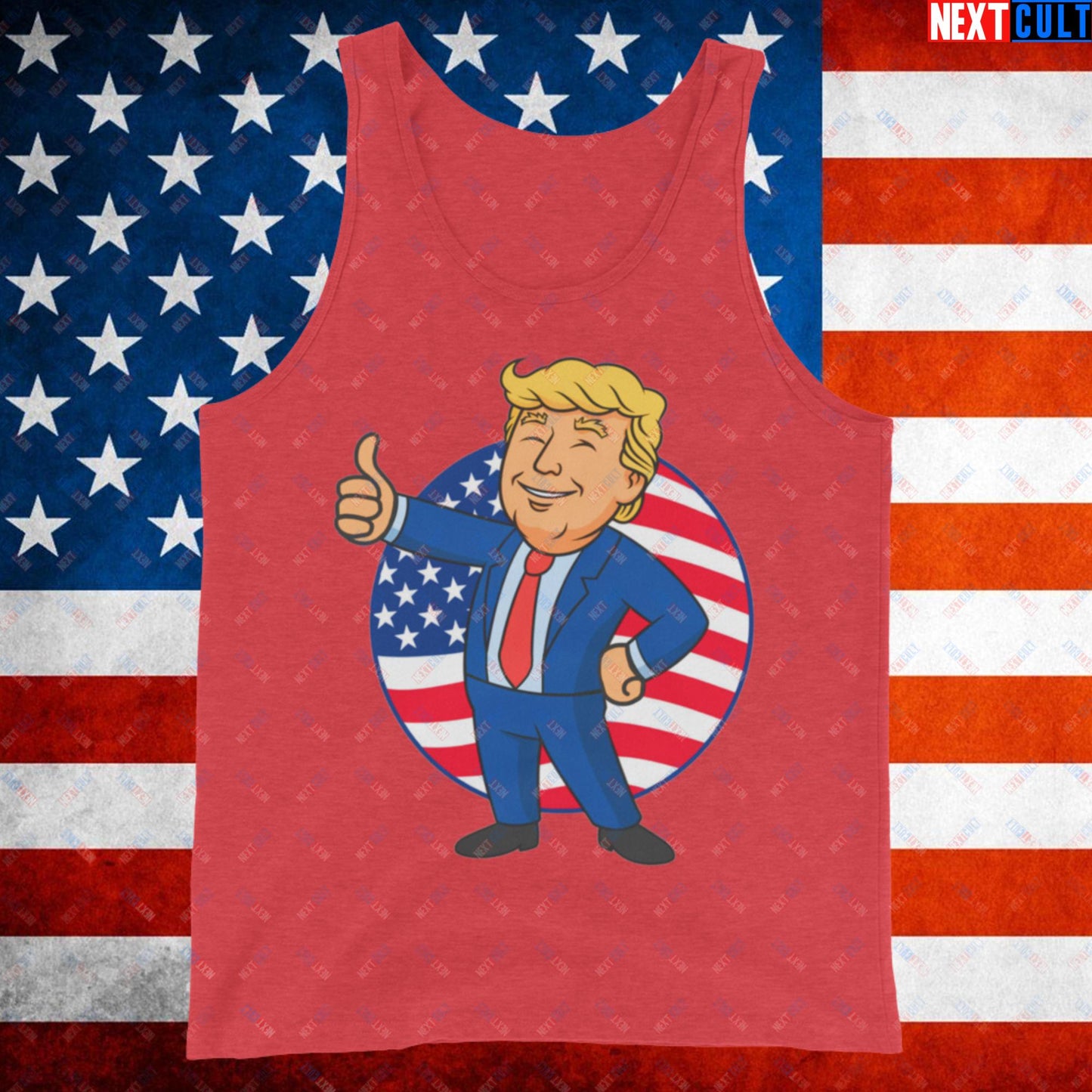 President Boy Donald Trump Politics Vault Boy Fallout Funny Meme Cartoon Mashup Tank Top Red Triblend Tank Tops Donald Trump Fallout Politics Republicans Vault Boy Next Cult Brand
