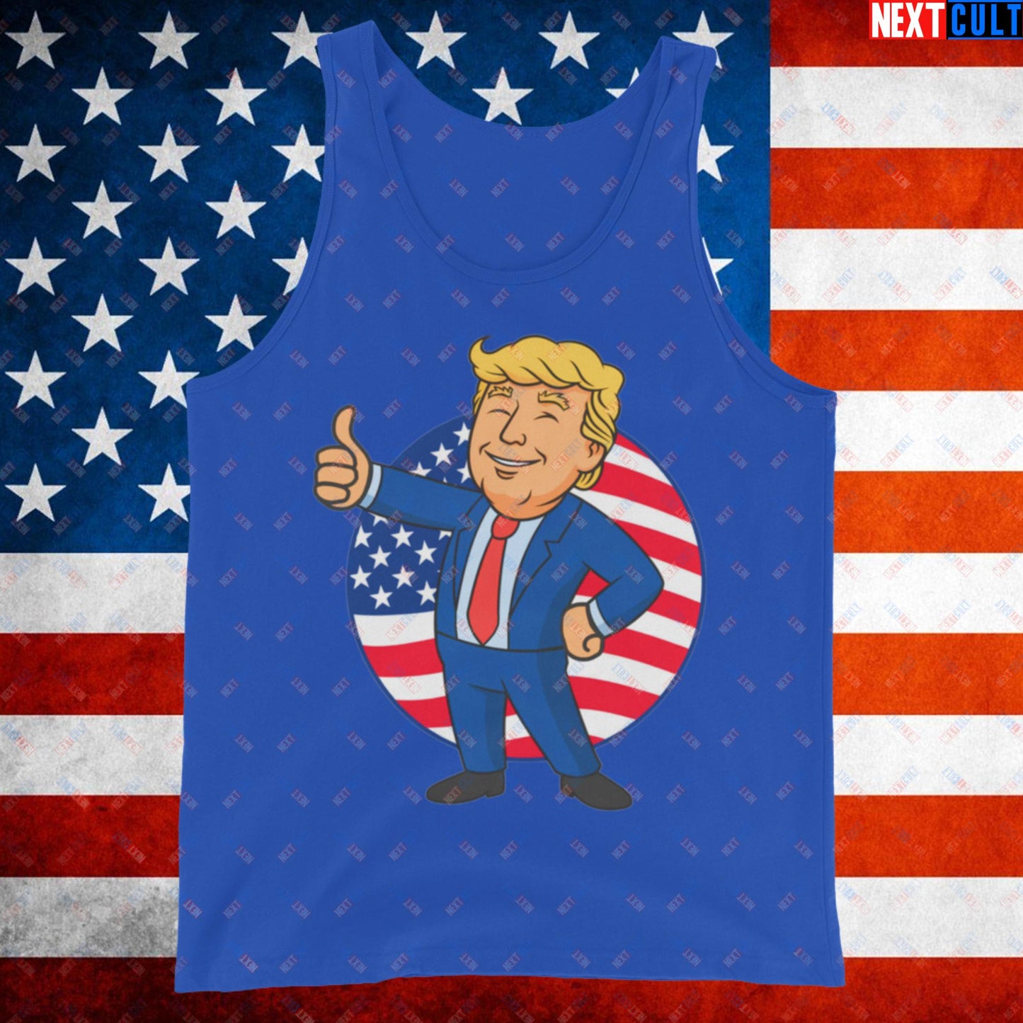 President Boy Donald Trump Politics Vault Boy Fallout Funny Meme Cartoon Mashup Tank Top True Royal Tank Tops Donald Trump Fallout Politics Republicans Vault Boy Next Cult Brand