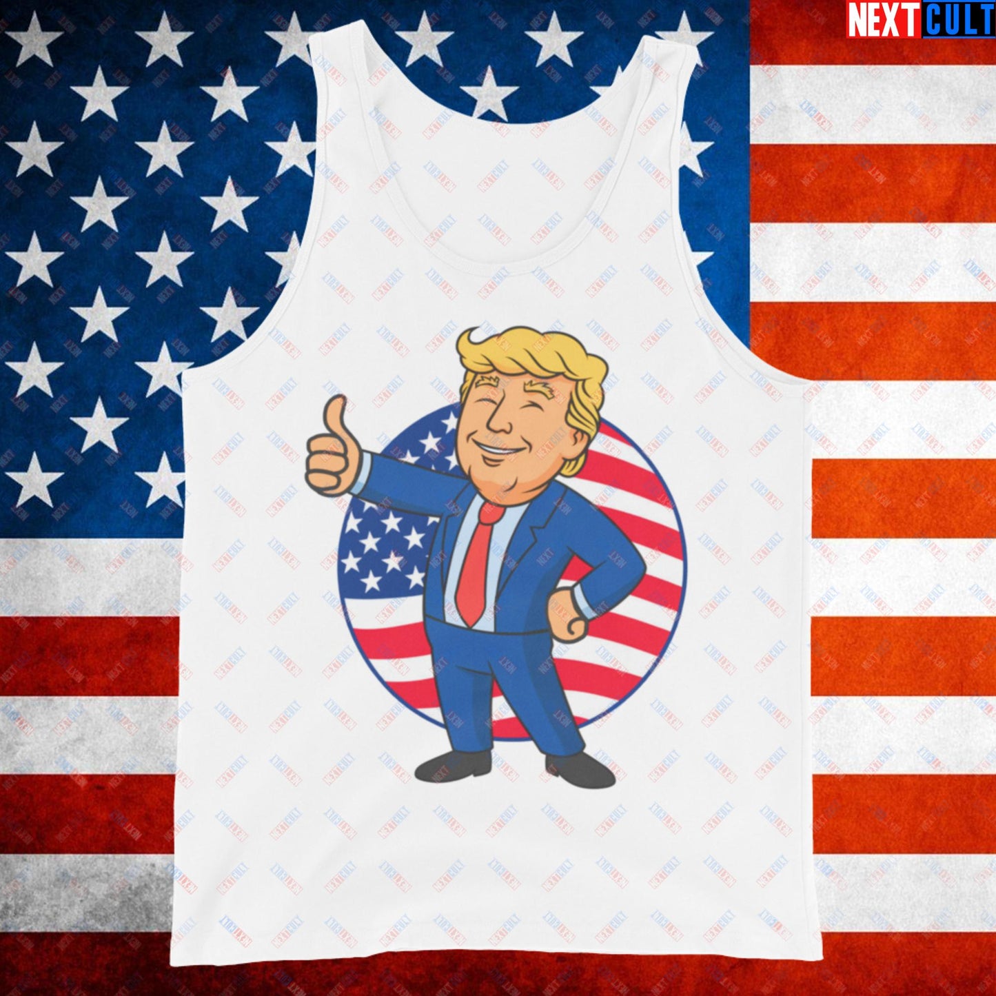 President Boy Donald Trump Politics Vault Boy Fallout Funny Meme Cartoon Mashup Tank Top White Tank Tops Donald Trump Fallout Politics Republicans Vault Boy Next Cult Brand