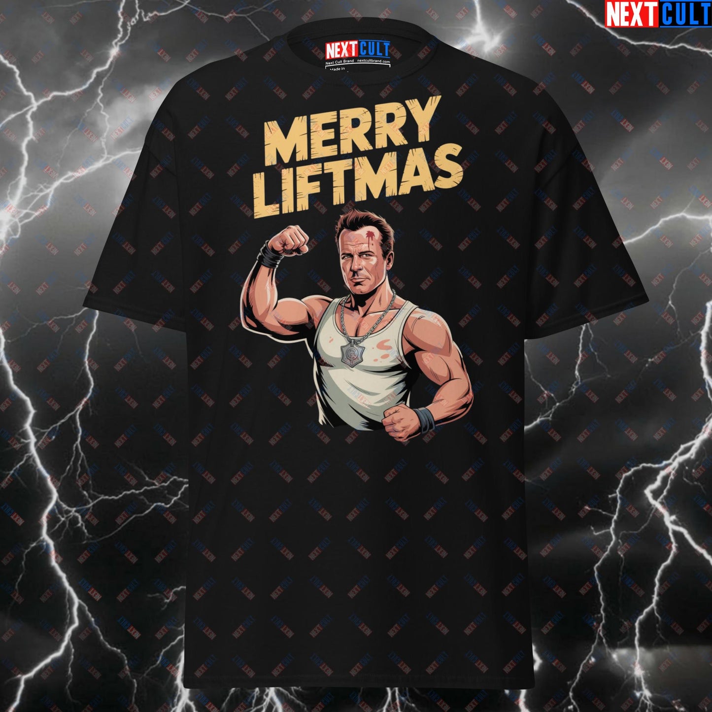 Funny Gym Shirt for Lifters - Merry Liftmas Christmas Pump Cover T-Shirt - Die Hard Gym Meme Tee for Gymbros & Fitness Fans T-shirts Christmas Films Fitness Gym Pump Cover Workout Next Cult Brand