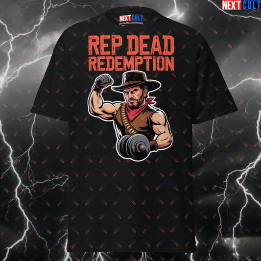 Funny Gym Shirt Pump Cover Tee - rep Dead Redemption Muscle Cowboy Video Game Meme T-Shirt for Gym Bros, Lifters & Fitness Gamer Gains T-shirts Fitness Gym Pump Cover Video Games Workout Next Cult Brand