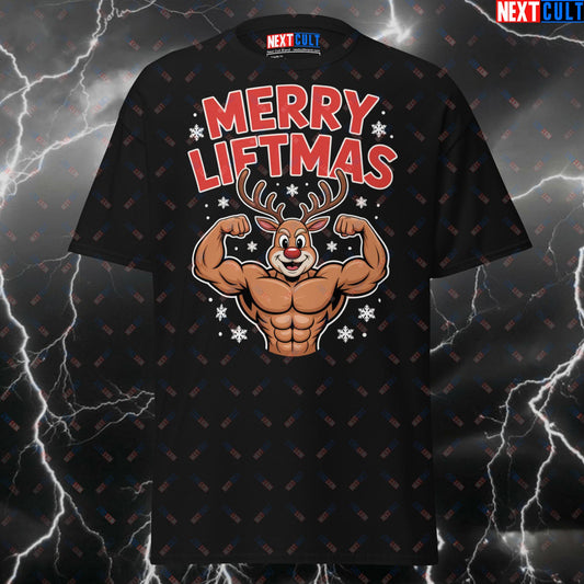 Funny Gym Shirt – Merry Liftmas Pump Cover T-Shirt for Gym Bros, Fitness Meme Tee with Rudolph The Reindeer & Gains T-shirts Christmas Fitness Gym Pump Cover Workout Next Cult Brand