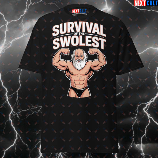 Funny Gym Shirt for Men - Survival of the Swolest Swole Darwin Gym Meme Tee - Pump Cover Workout Fitness T-Shirt for Lifters T-shirts Bodybuilding Books Fitness Gym Pump Cover Workout Next Cult Brand