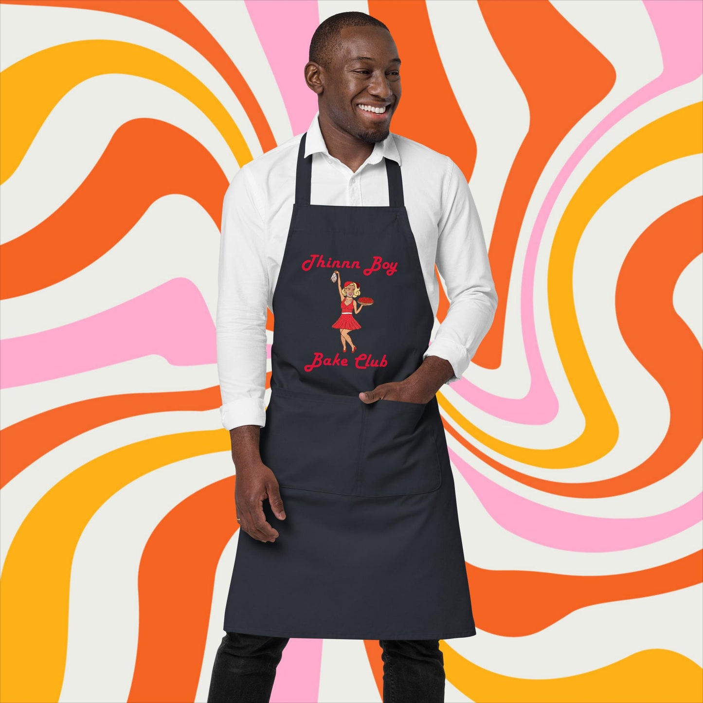 Thinnn Boy Bake Club The Fighter and The Kid TFATK Podcast Comedy 60s retro housewife Bryan Callen Organic cotton apron Navy Aprons Bryan Callen Podcasts Stand-up Comedy The Fighter and The Kid (TFATK) Thinnn Boy Bake Club Next Cult Brand