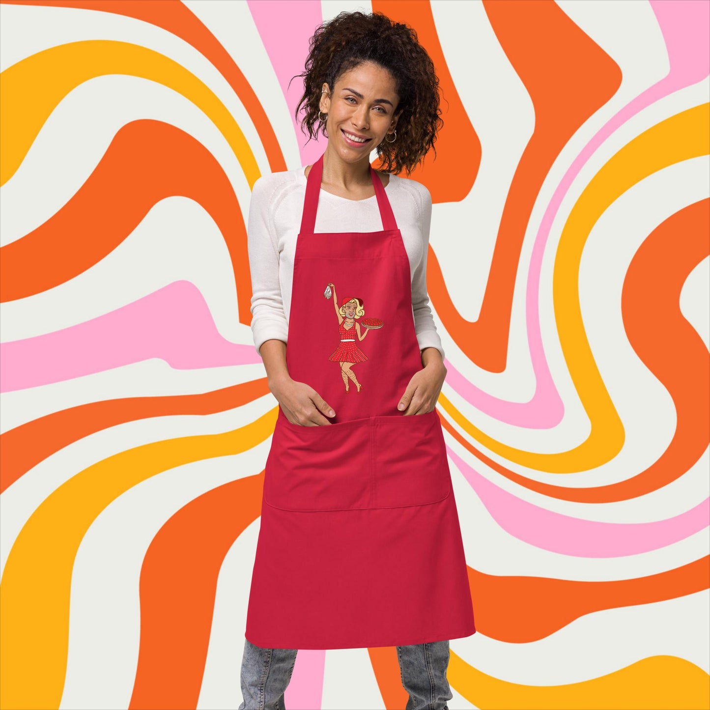 Thinnn Boy Bake Club The Fighter and The Kid TFATK Podcast Comedy 60s retro housewife Bryan Callen Organic cotton apron Red Aprons Bryan Callen Podcasts Stand-up Comedy The Fighter and The Kid (TFATK) Thinnn Boy Bake Club Next Cult Brand