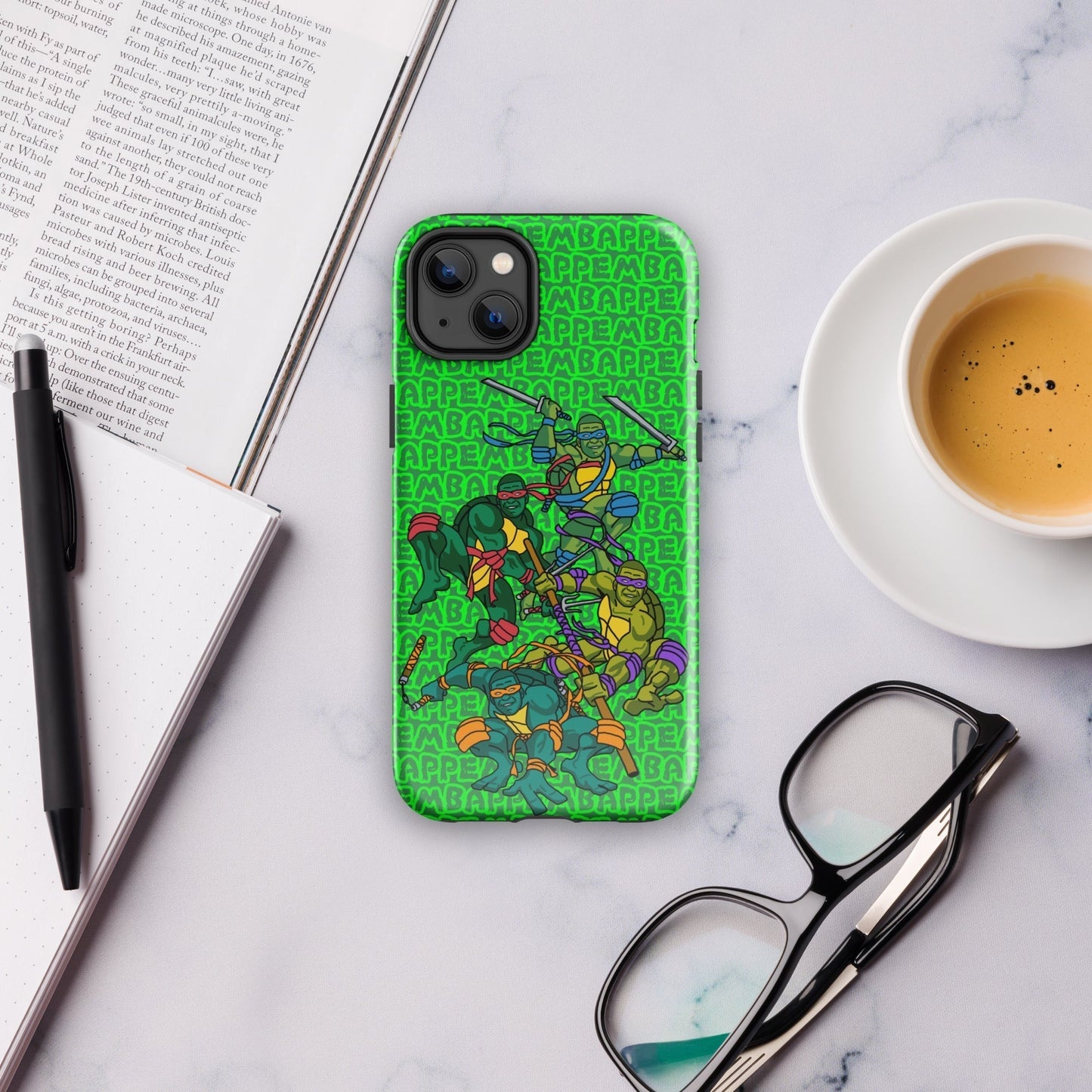 Kylian Mbappe Ninja Turtles funny football/ soccer meme Tough Case for iPhone® green Glossy iPhone 14 Plus Mobile Phone Cases Football Kylian Mbappe Ninja Turtles PSG Real Madrid Next Cult Brand
