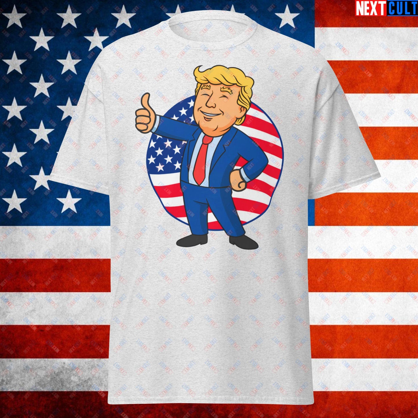 President Boy Donald Trump Politics Vault Boy Fallout Funny Meme Cartoon Mashup Unisex tee Ash T-shirts Donald Trump Fallout Politics Republicans Vault Boy Next Cult Brand