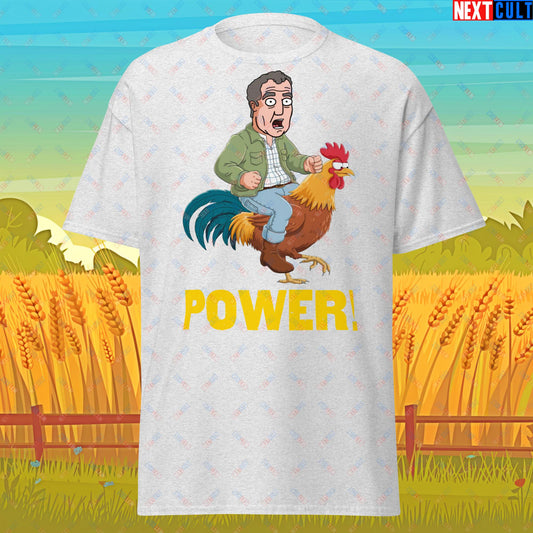 Power Rooster Chicken Farming Jeremy Clarkson's Farm Diddly Squat Grand Tour Top Gear Funny Meme Cartoon Unisex tee Ash T-shirts Clarkson's Farm Grand Tour Jeremy Clarkson Top Gear TV Shows Next Cult Brand