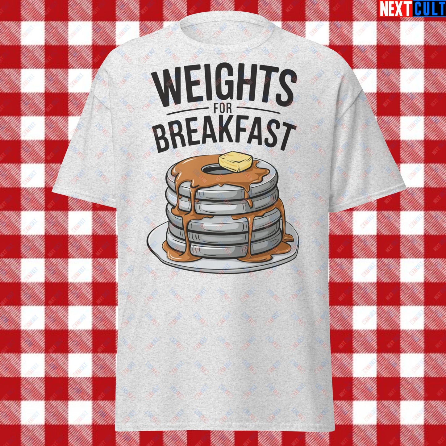 Weights For Breakfast Pancake Weights Funny Gym Workout Fitness Lifting Meme Cartoon Unisex tee Ash T-shirts Bodybuilding Bulking Fast Food Fitness Gym Powerlifting Pump Cover Workout Next Cult Brand