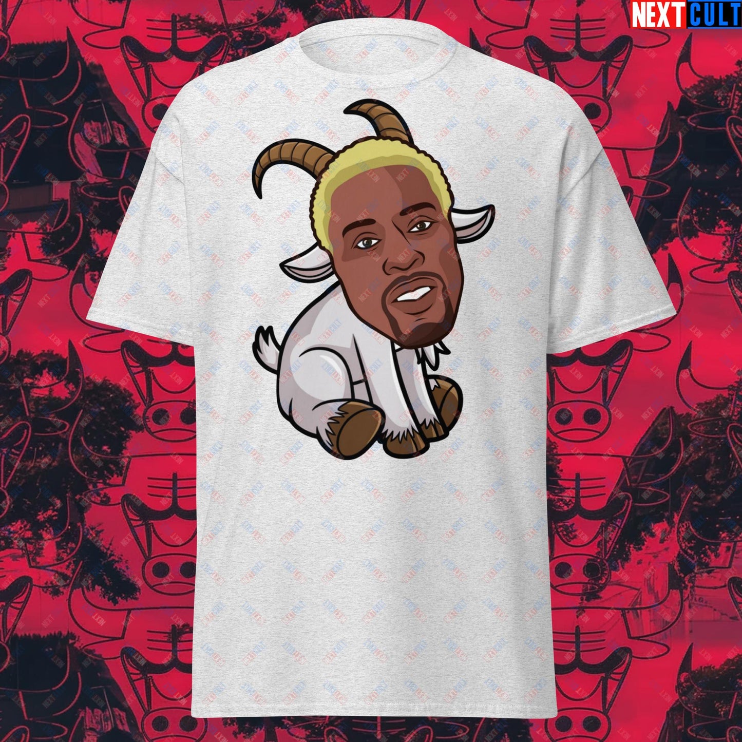 Dennis Rodman G.O.A.T. T-Shirt - Chicago Bulls Basketball Meme Casual Top - Greatest of All Time Funny Tee for Basketball Fans - Perfect Gift for Rodman Fans Ash T-shirts Basketball Chicago Bulls Dennis Rodman Detroit Pistons G.O.A.T. NBA Next Cult Brand