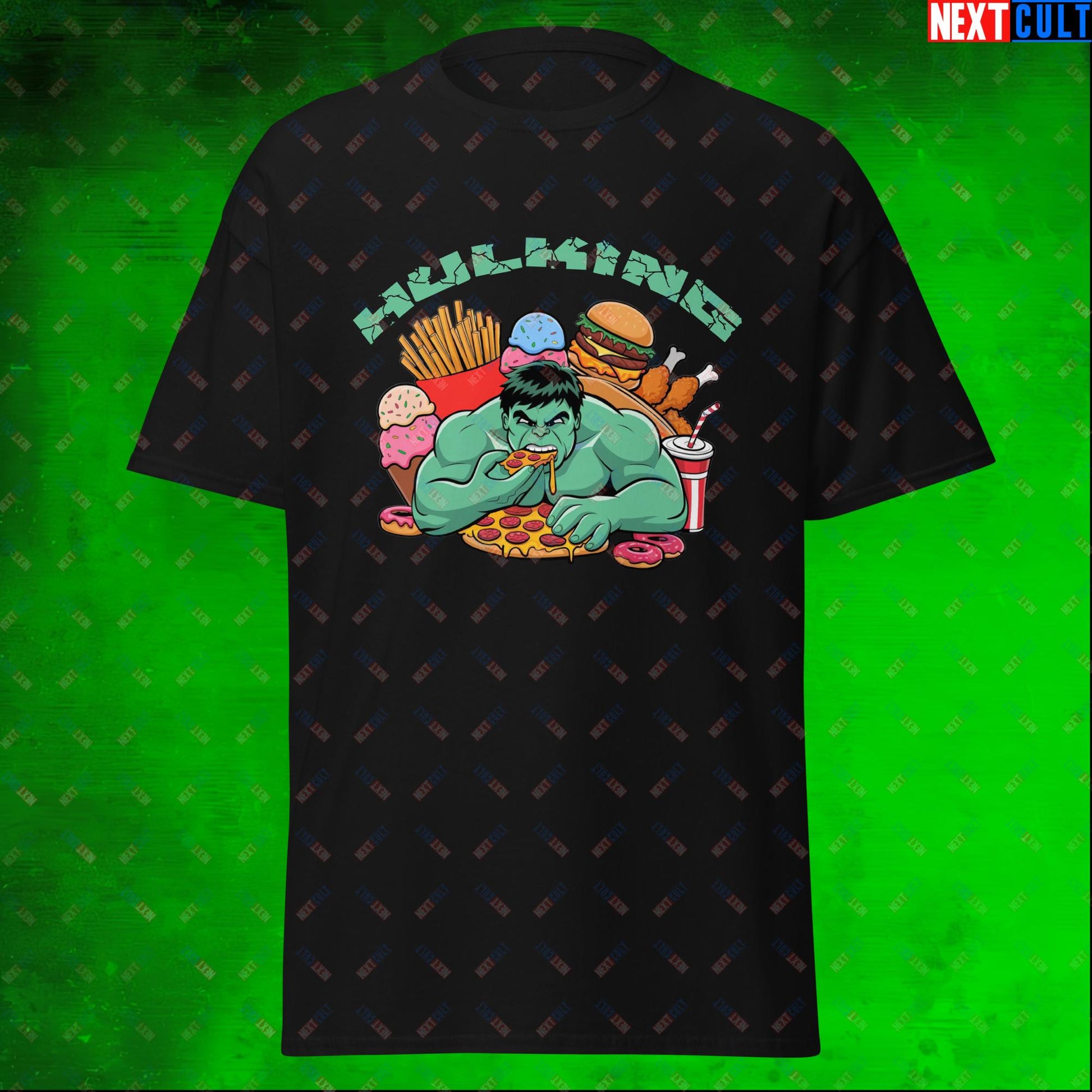 Hulking Bulking Funny Gym Meme Cartoon Unisex tee Black T-shirts Avengers Bulking Fast Food Films Fitness Gym Hulk Movies Pump Cover Superheroes Workout Next Cult Brand