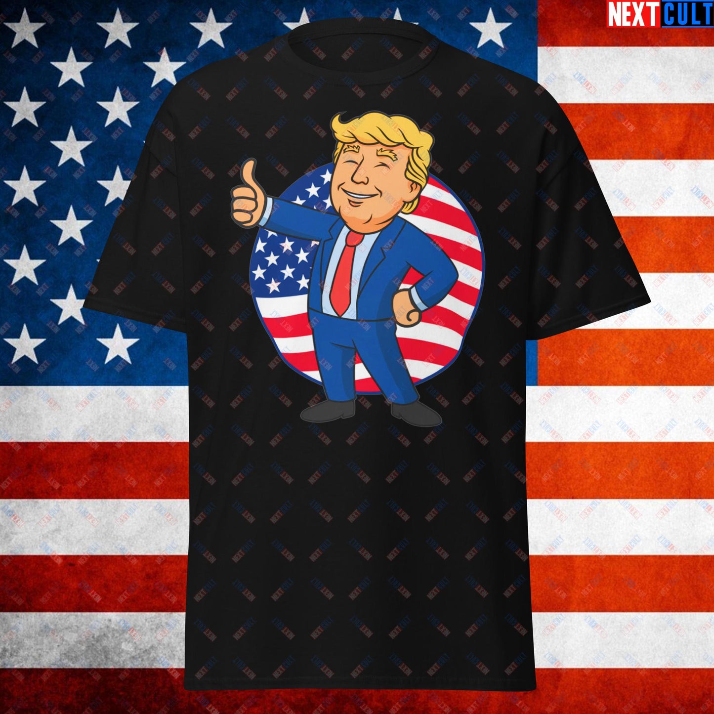 President Boy Donald Trump Politics Vault Boy Fallout Funny Meme Cartoon Mashup Unisex tee Black T-shirts Donald Trump Fallout Politics Republicans Vault Boy Next Cult Brand