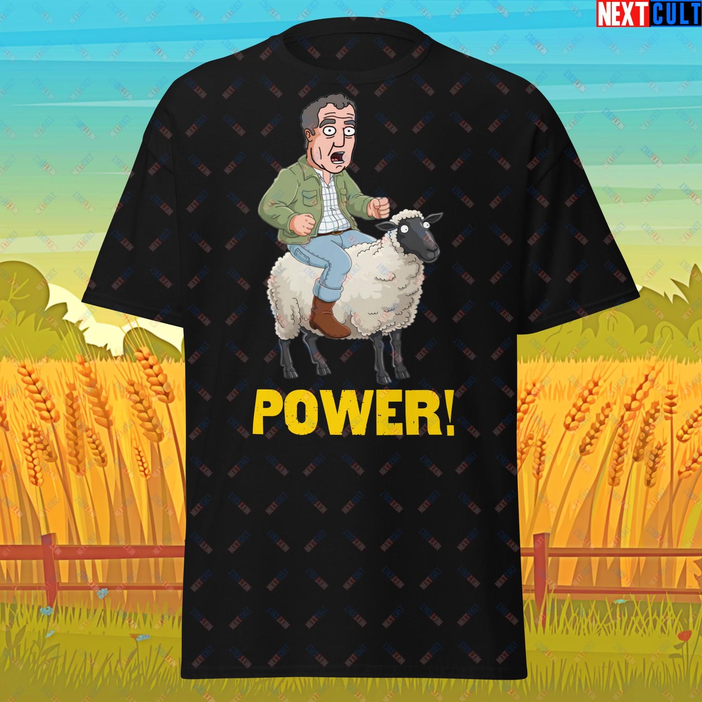 Power Sheep Jeremy Clarkson's Farm Diddly Squat Grand Tour Top Gear Funny Meme Cartoon Unisex tee Black T-shirts Clarkson's Farm Grand Tour Jeremy Clarkson Top Gear TV Shows Next Cult Brand